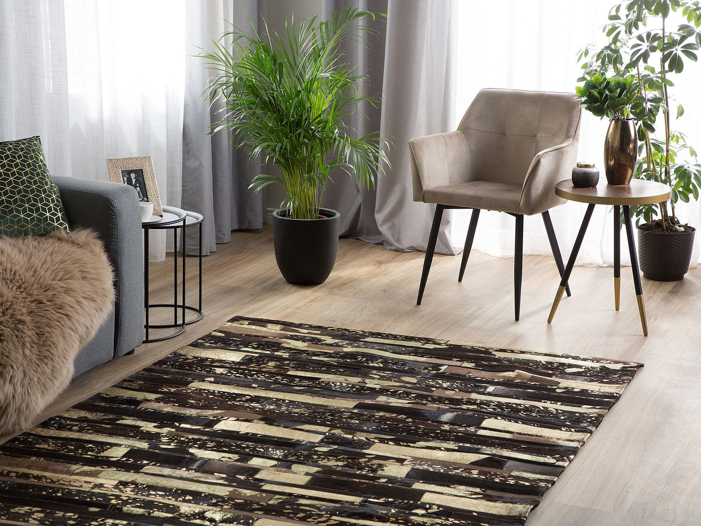 Teppich Kuhfell braun-gold 160 x 230 cm Patchwork Kurzflor ARTVIN