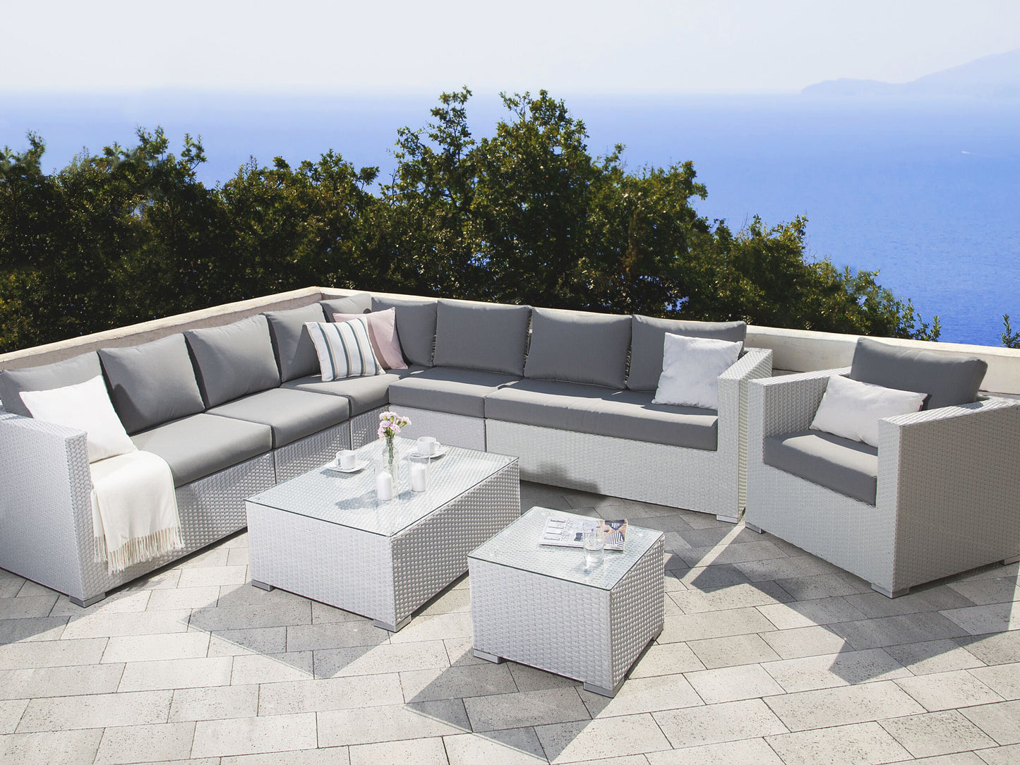 Lounge Set mit Tisch 8-Sitzer XXL rechtsseitig modular Polyrattan Weiss