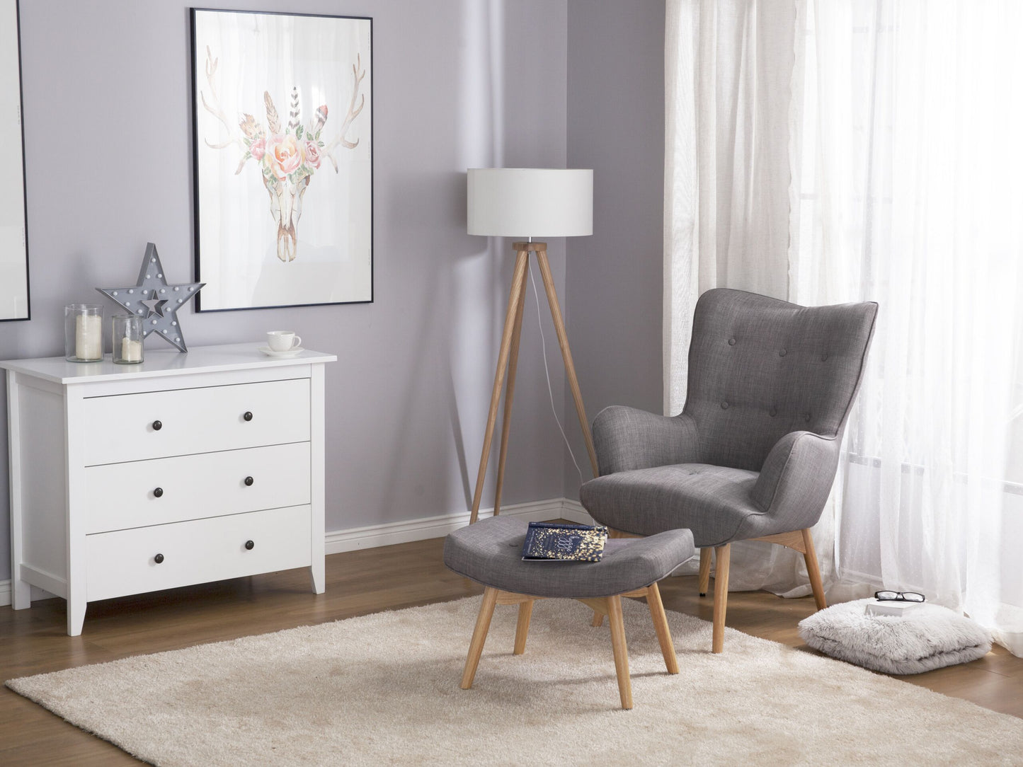 Ohrensessel VEJLE mit Fussstütze Stoff Hellgrau