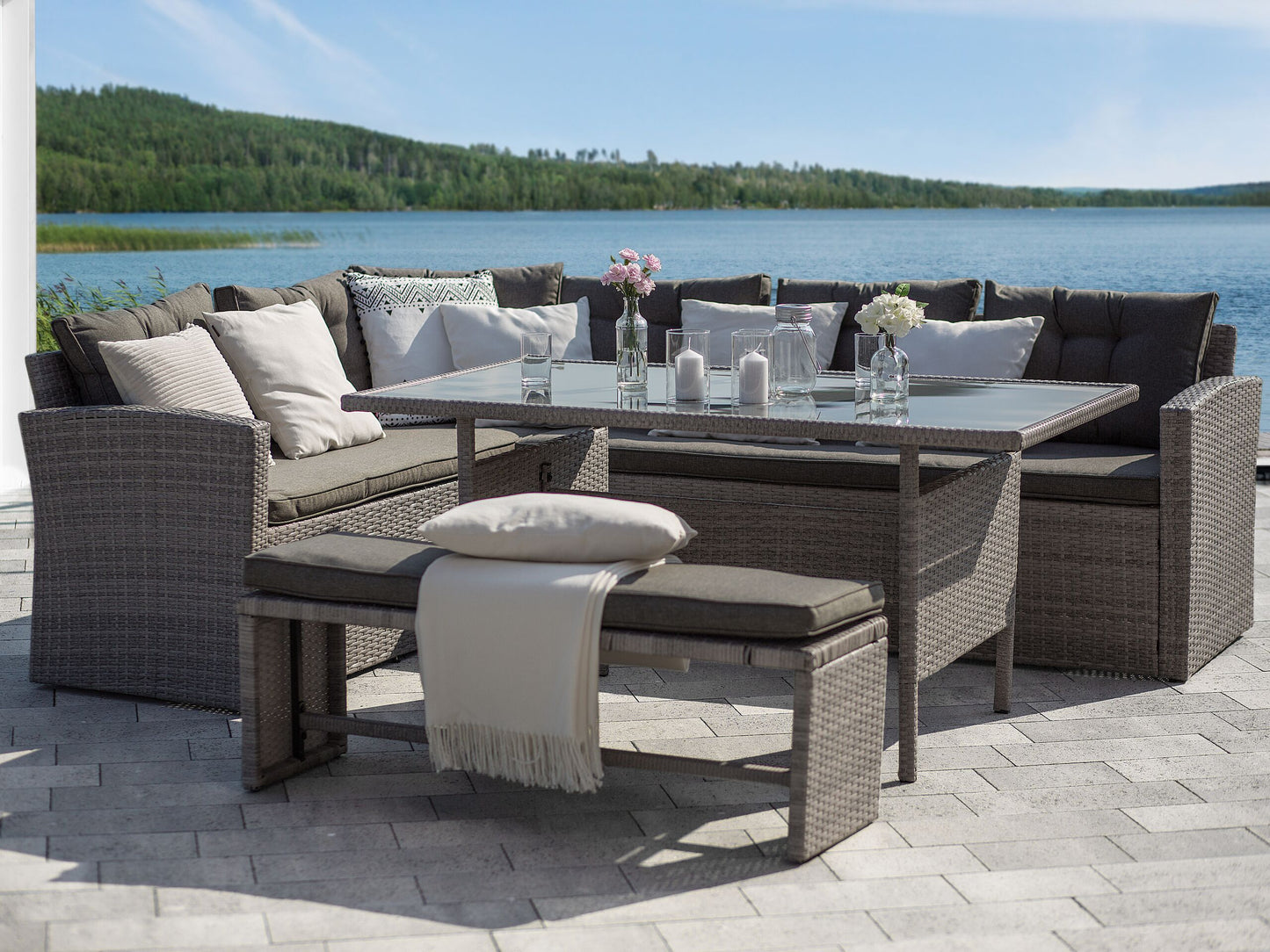 Lounge Set mit Tisch 8-Sitzer VITERBO inkl. Kissen Polyrattan Grau