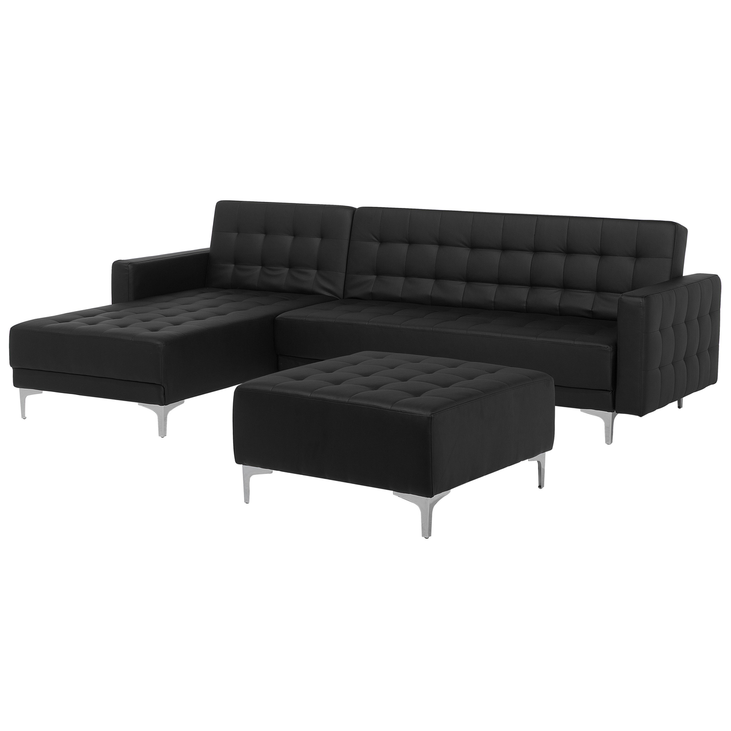 Schlafsofa Kunstleder schwarz rechtsseitig mit Ottomane ABERDEEN