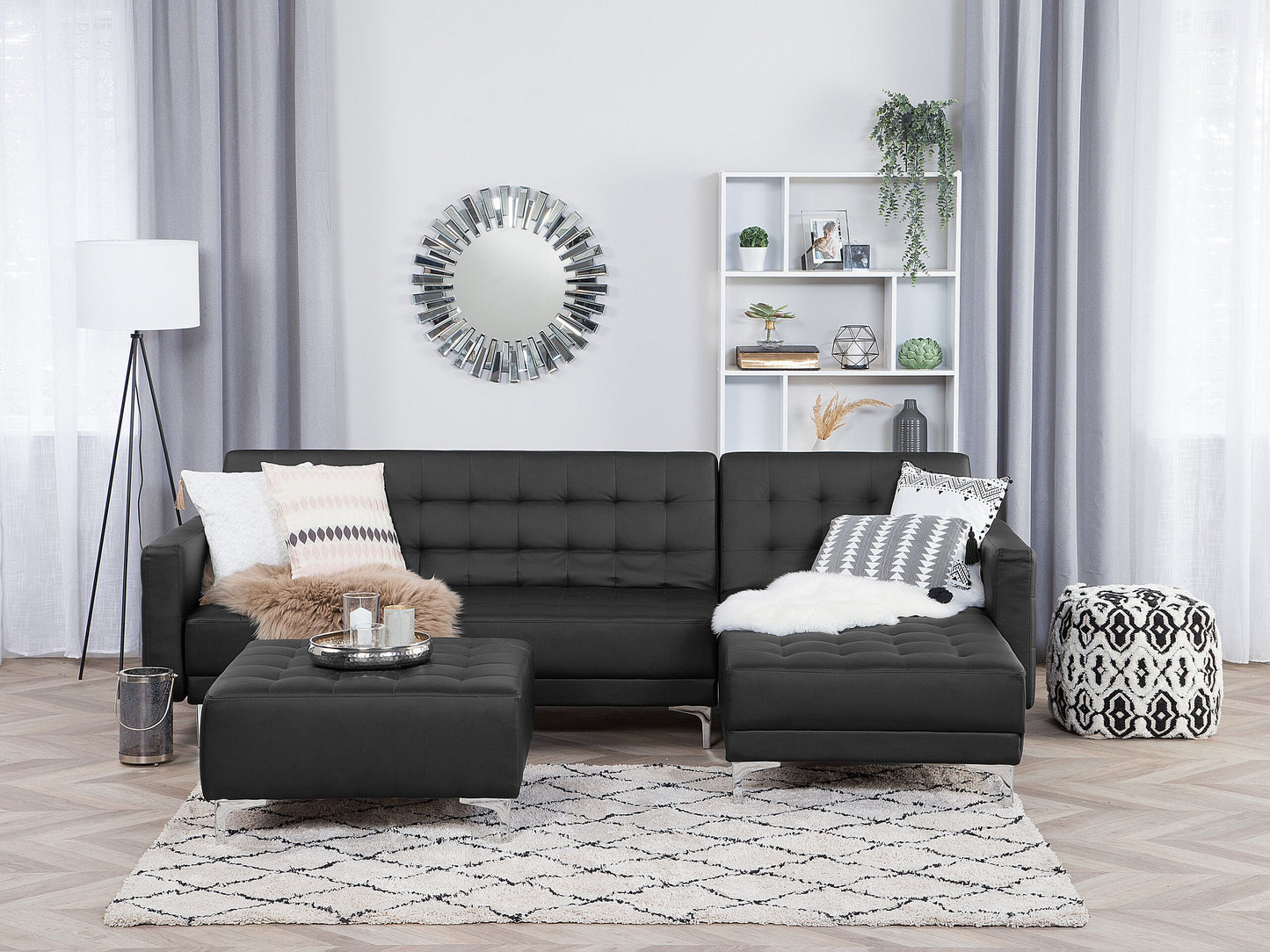 Schlafsofa Kunstleder schwarz linksseitig mit Ottomane ABERDEEN