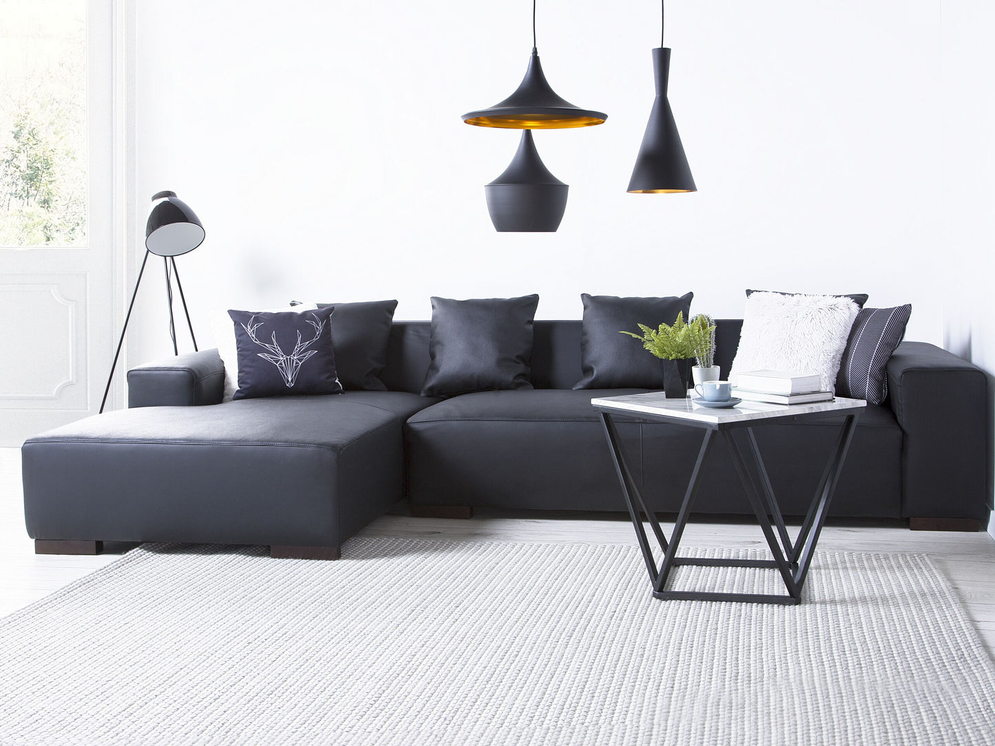 4-Sitzer Ecksofa Leder schwarz rechtsseitig LUNGO