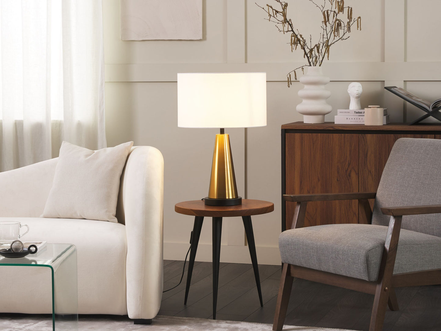 Tischlampe hellbeige / gold 60 cm Trommelform SANDON