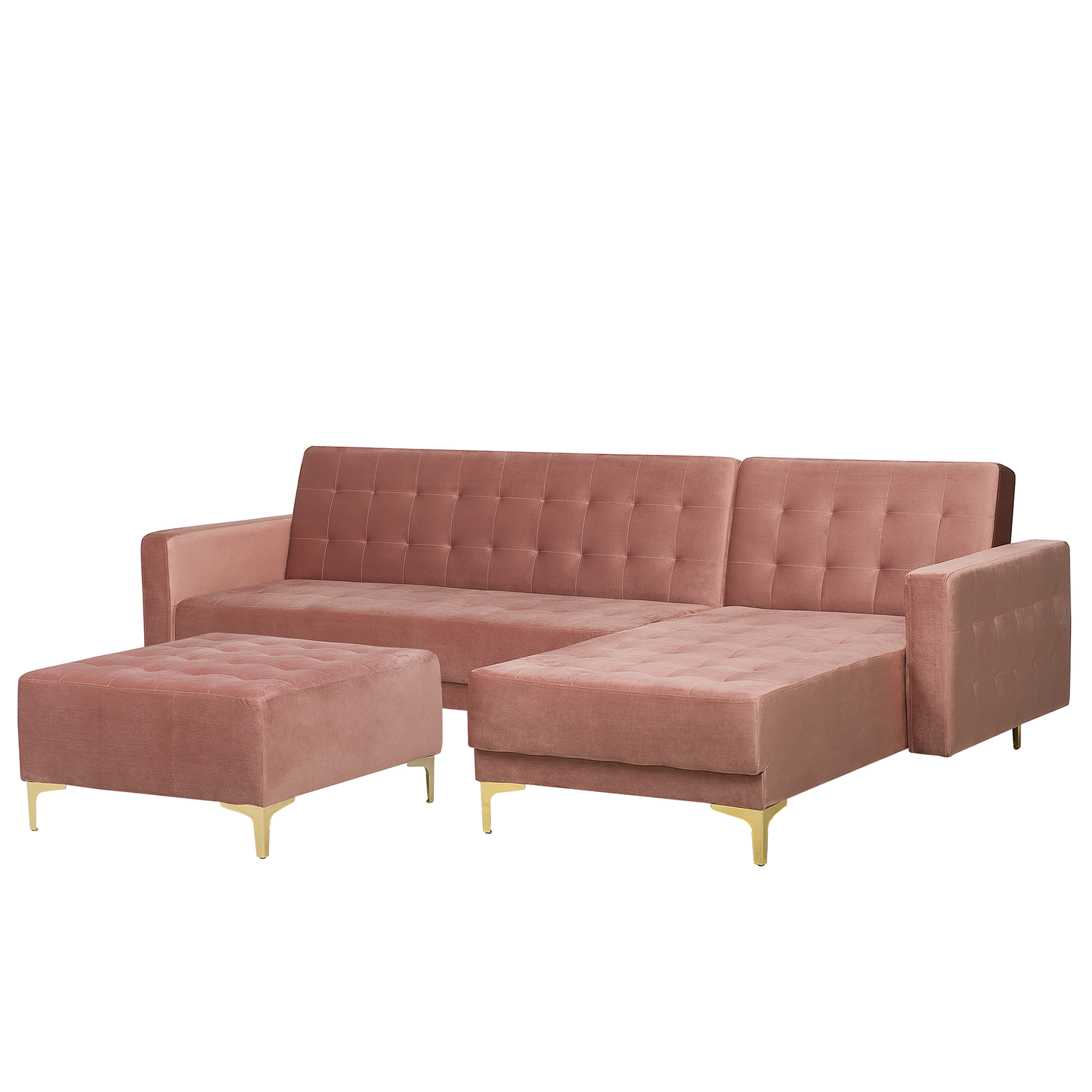 Schlafsofa Samtstoff rosa linksseitig mit Ottomane ABERDEEN