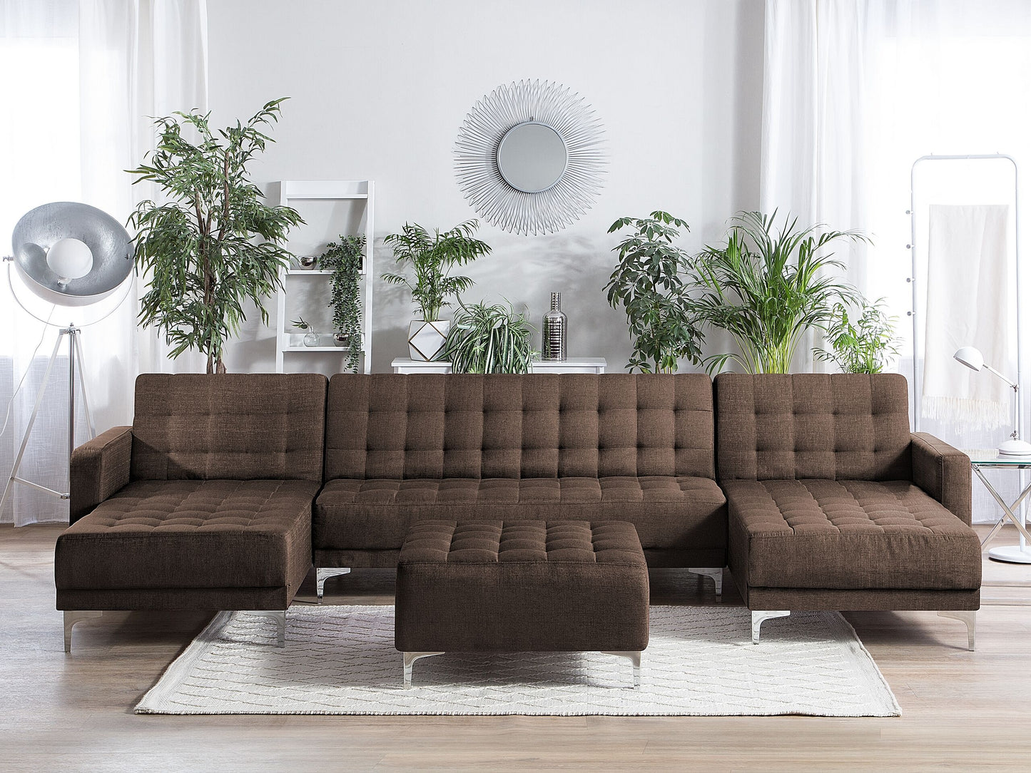 Schlafsofa U-förmig Polsterbezug dunkelbraun mit Ottomane ABERDEEN