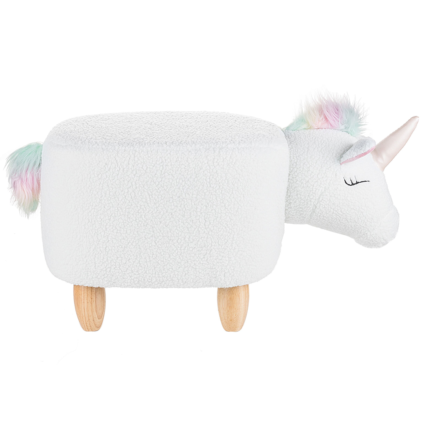 Hocker Felloptik / Gummibaumholz weiss Einhornform UNICORN