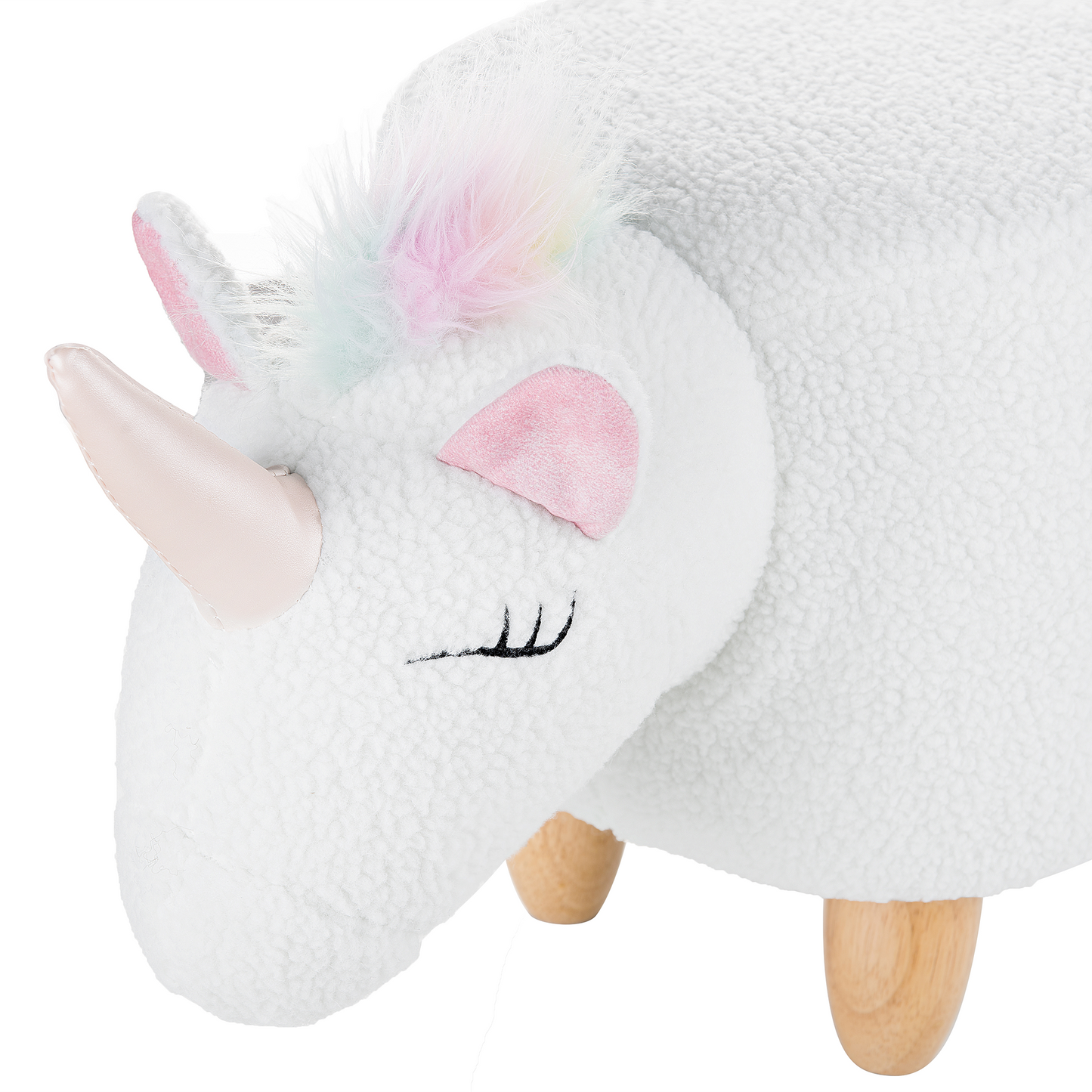 Hocker Felloptik / Gummibaumholz weiss Einhornform UNICORN