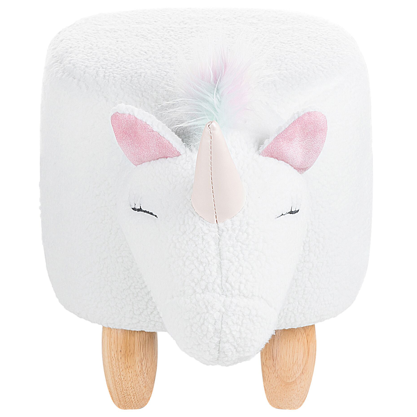 Hocker Felloptik / Gummibaumholz weiss Einhornform UNICORN