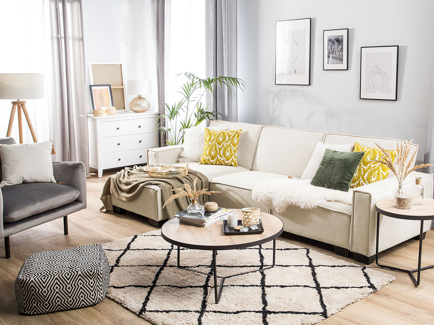 Ecksofa mit Schlaffunktion Polsterbezug beige rechtsseitig ROMEDAL