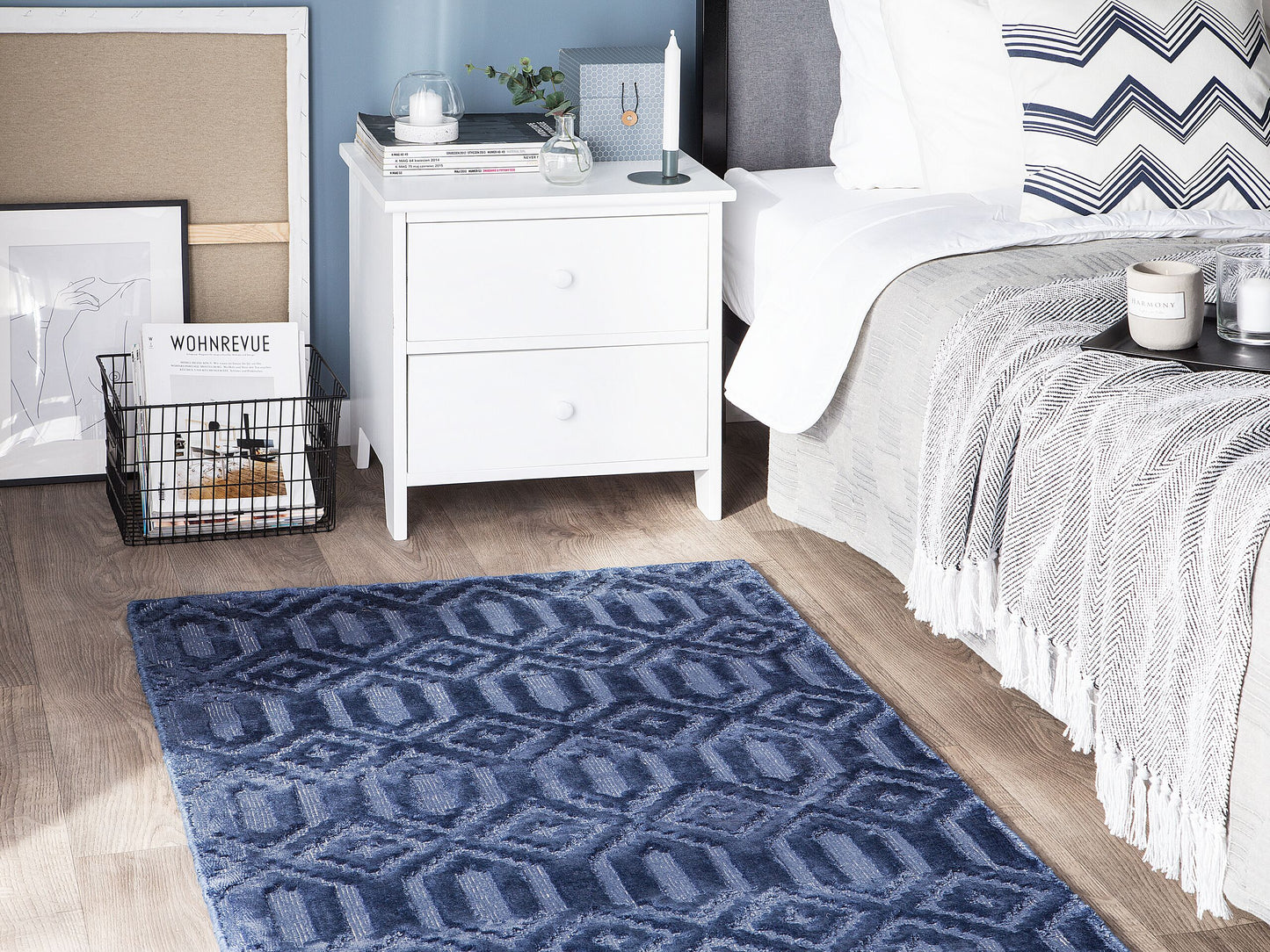 Teppich marineblau 80 x 150 cm geometrisches Muster Kurzflor ADATEPE
