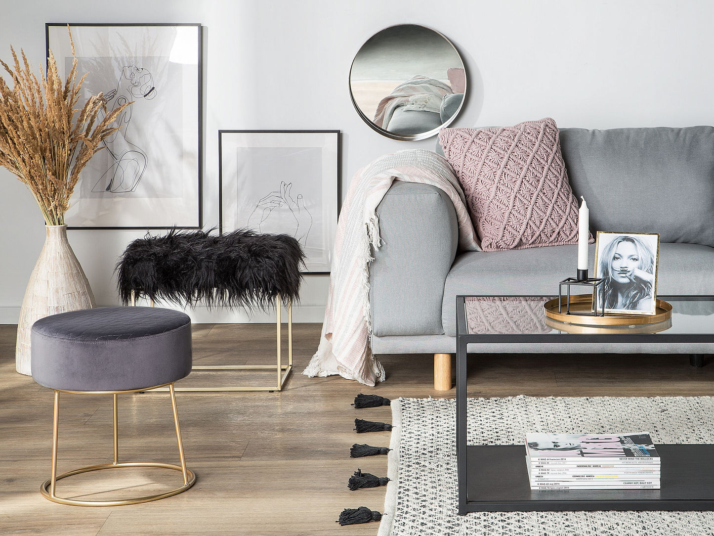 Hocker Samtstoff dunkelgrau / gold rund ⌀ 35 cm DELCO