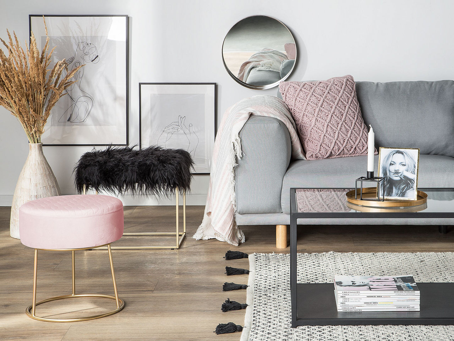 Hocker Samtstoff pastellrosa / gold rund ⌀ 35 cm DELCO