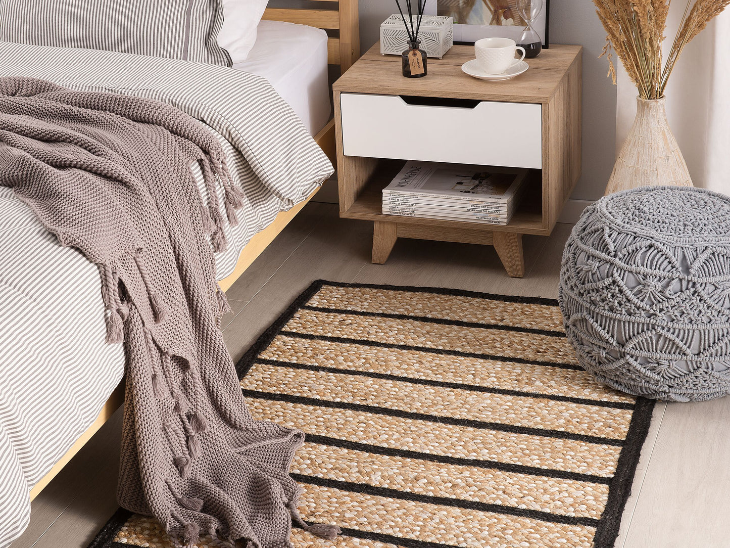 Teppich Jute-Baumwolle schwarz / beige 80 x 150 cm Kurzflor KARADONA