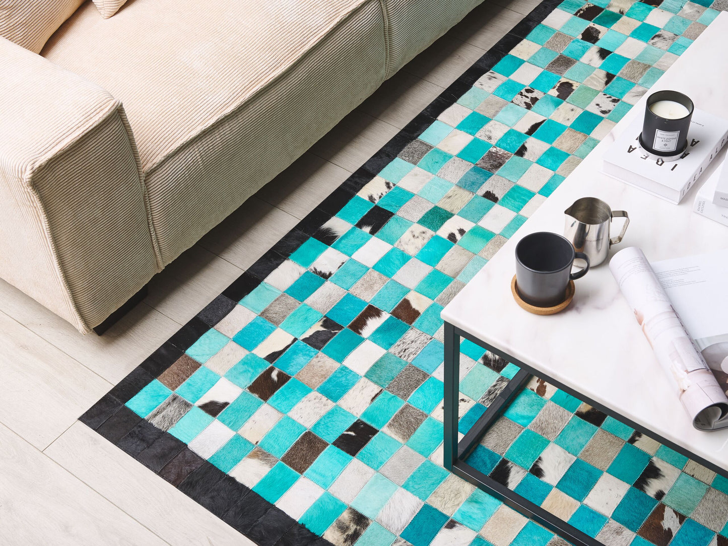 Teppich Leder türkis / grau 140 x 200 cm Patchwork Kurzflor NIKFER