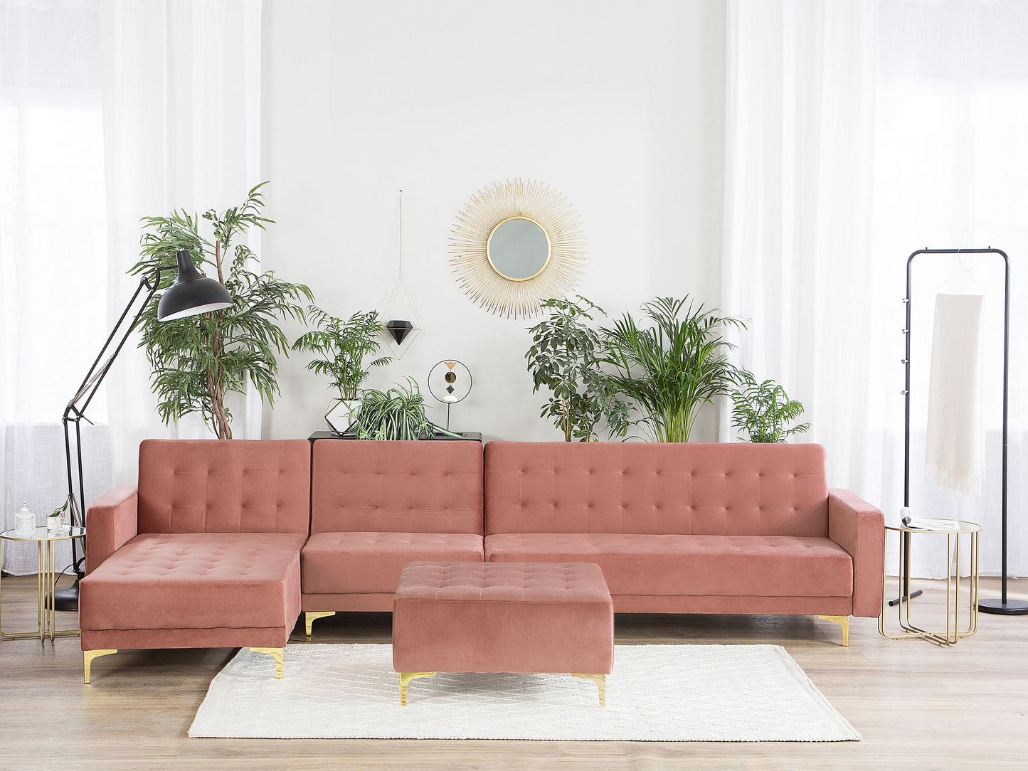 Modulsofa Samtstoff Schlaffunktion rosa rechtsseitig Ottomane ABERDEEN