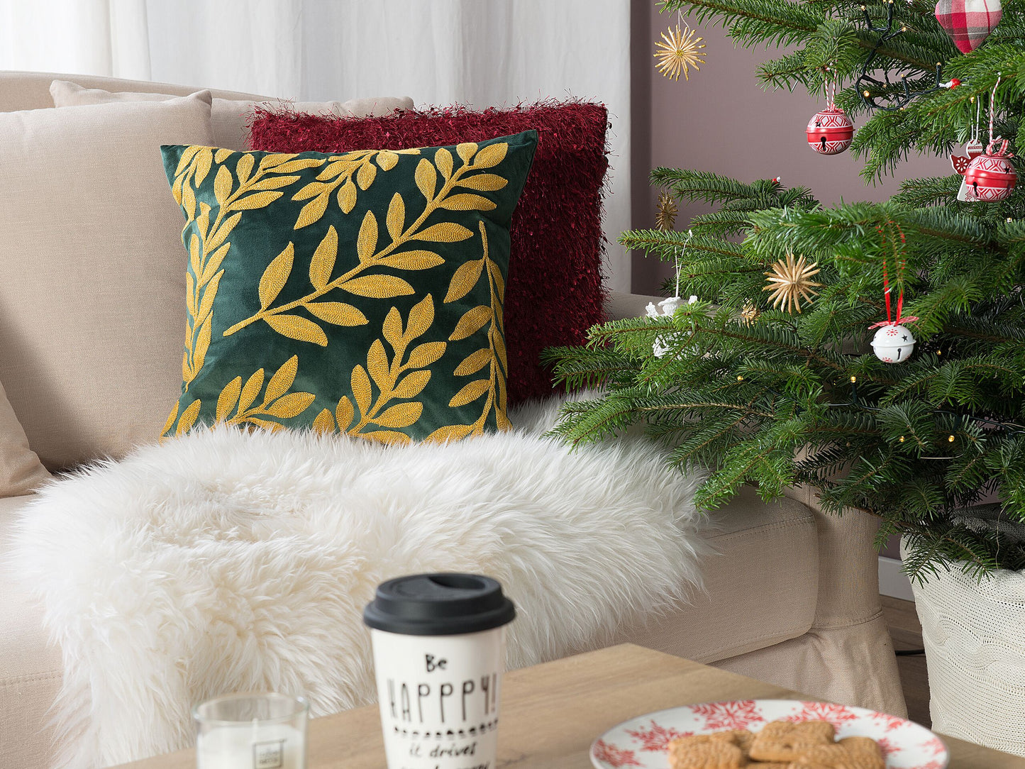 Dekokissen 2er Set MISTLETOE Samtstoff 45 x 45 cm Gold Grün Pflanzenmuster
