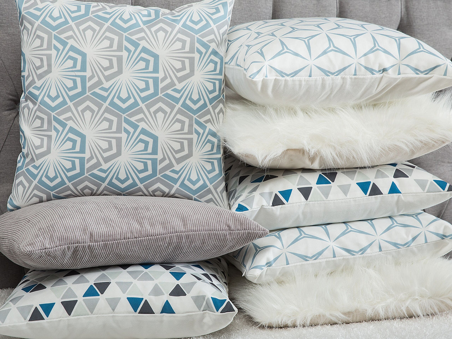 Dekokissen 2er Set CLEOME 45 x 45 cm Weiss Grau Blau Geometrisches Muster