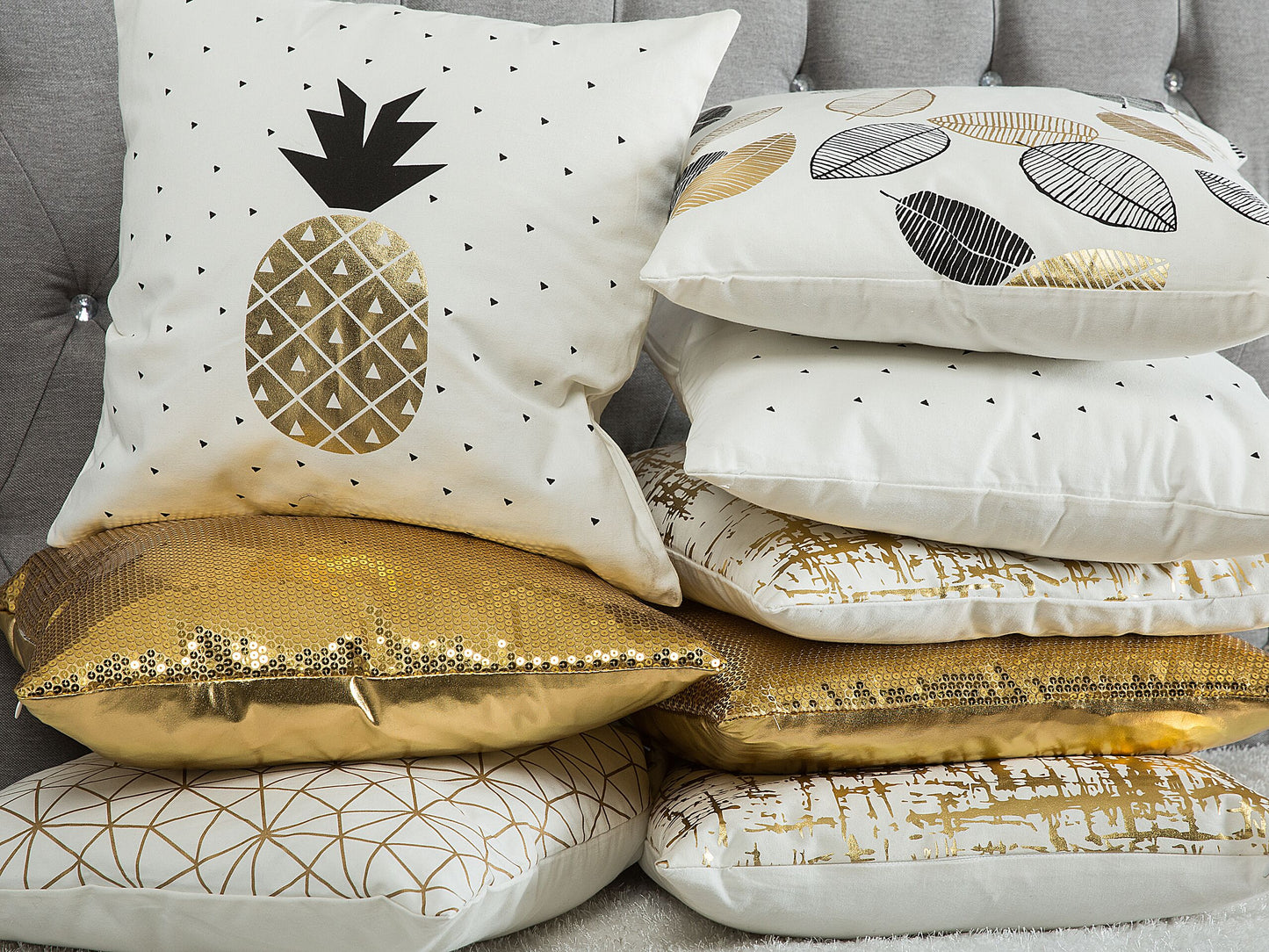 Dekokissen 2er Set LOTUS Baumwolle 45 x 45 cm Gold Weiss Schwarz Pflanzenmuster