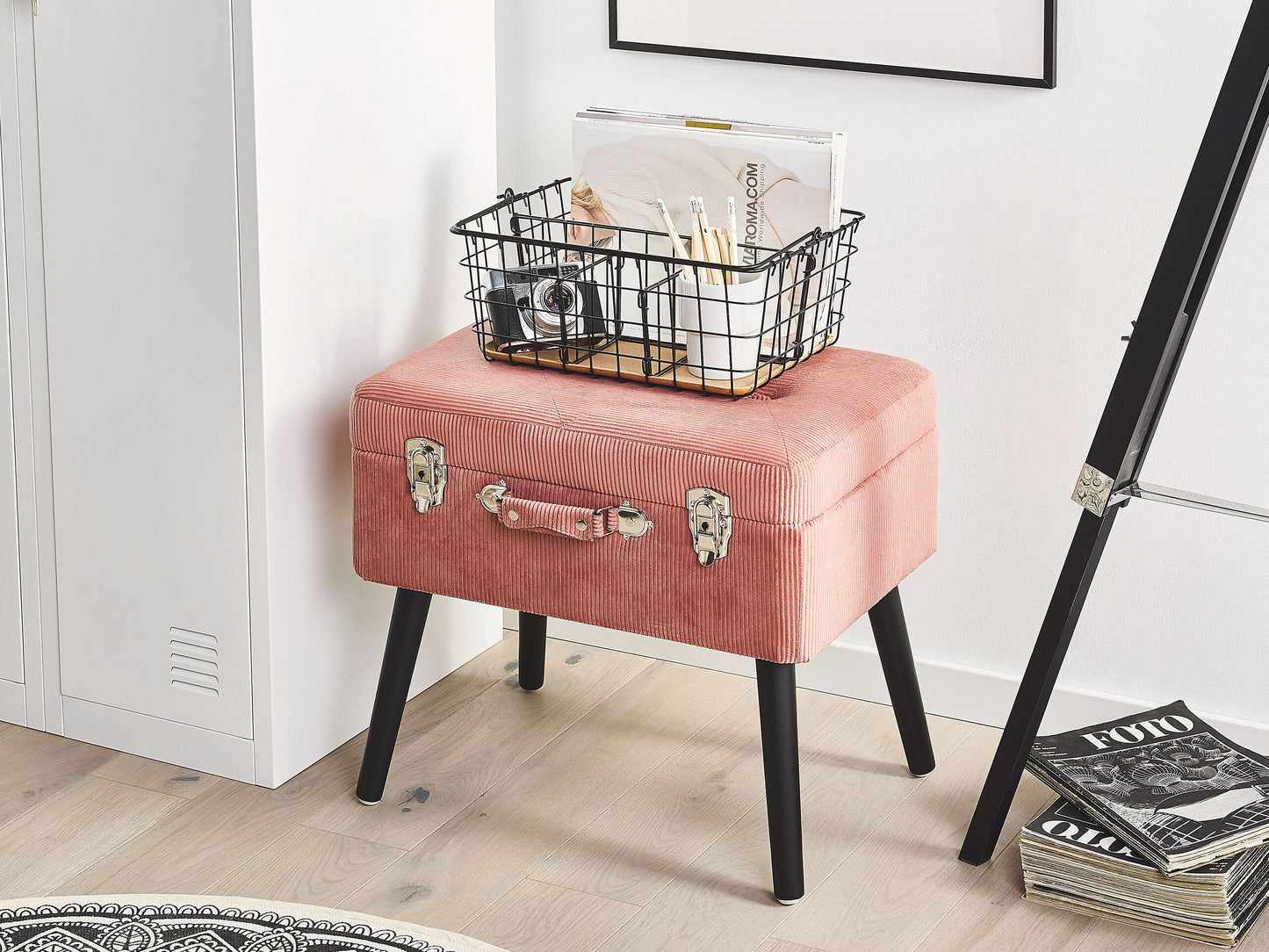 Hocker mit Stauraum Cord rosa Koffer-Design MALLARD