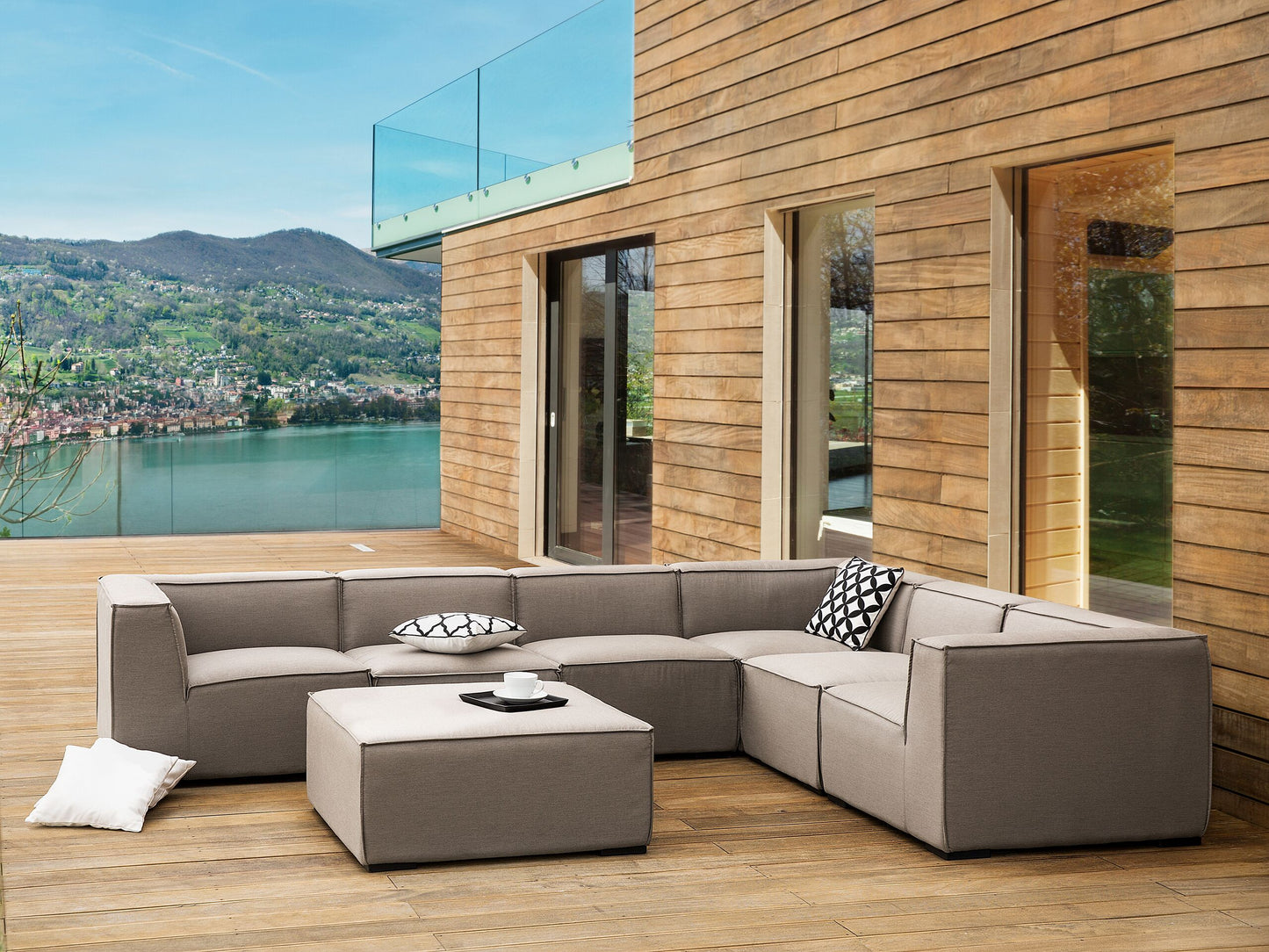 Garten Ecksofa mit Ottomane 7-Sitzer AREZZO linksseitig modular Beige