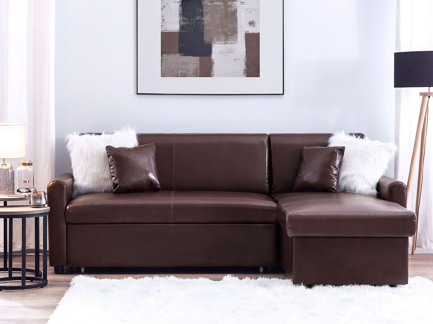 Ecksofa mit Schlaffunktion Lederoptik dunkelbraun linksseitig OGNA