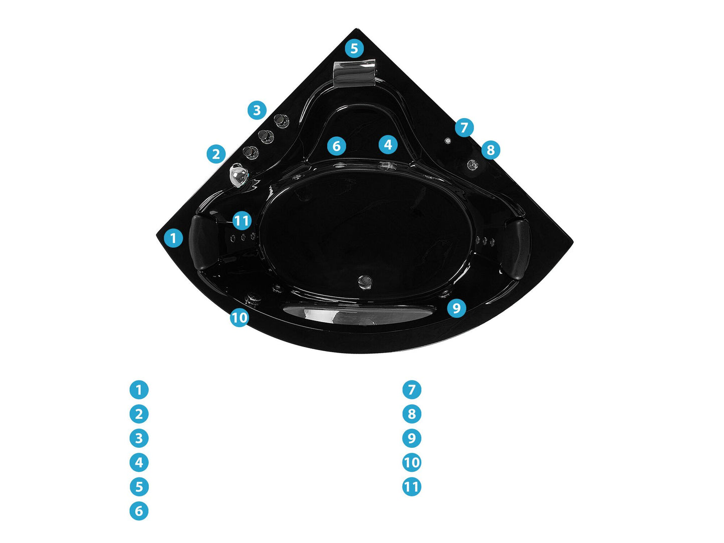 Whirlpool Badewanne schwarz Eckmodell mit LED 205 x 146 cm TOCOA