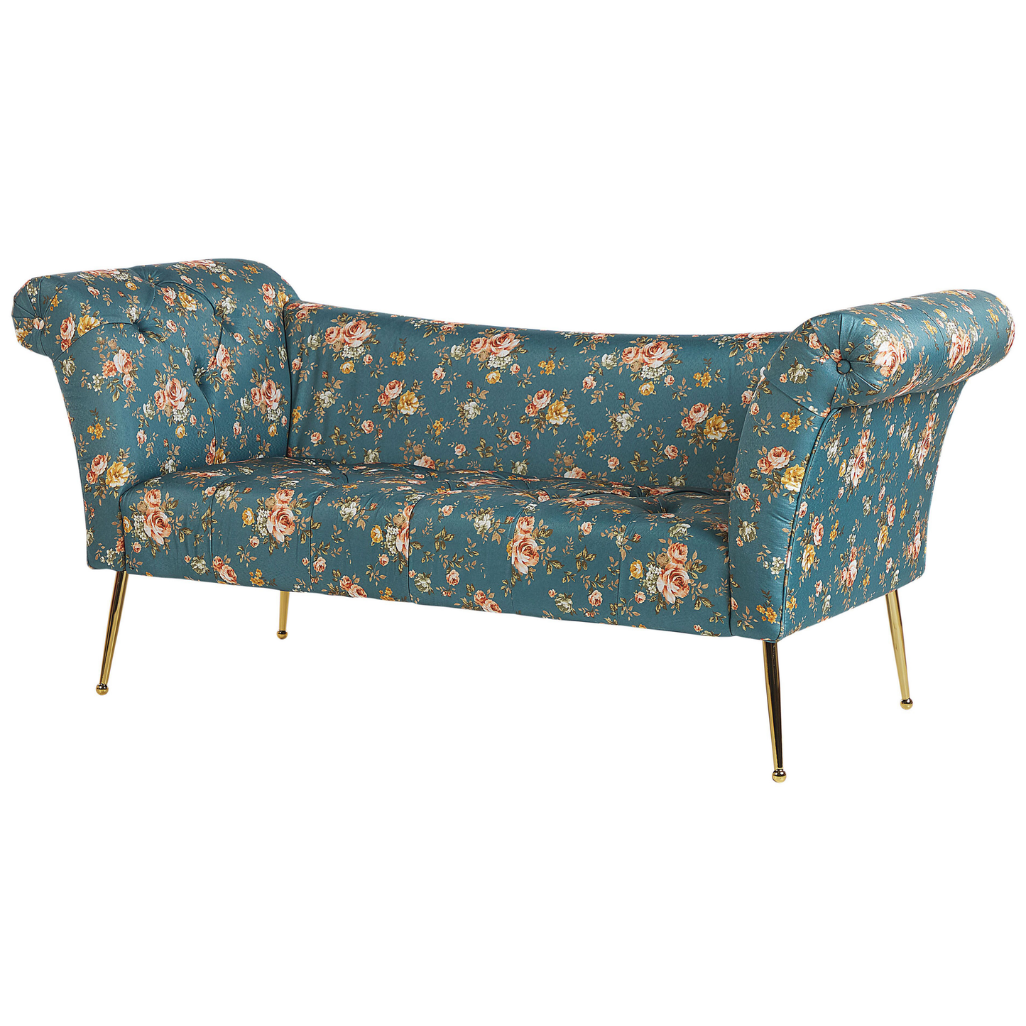 Chaiselongue Stoff seeblau / gold Blumenmuster NANTILLY