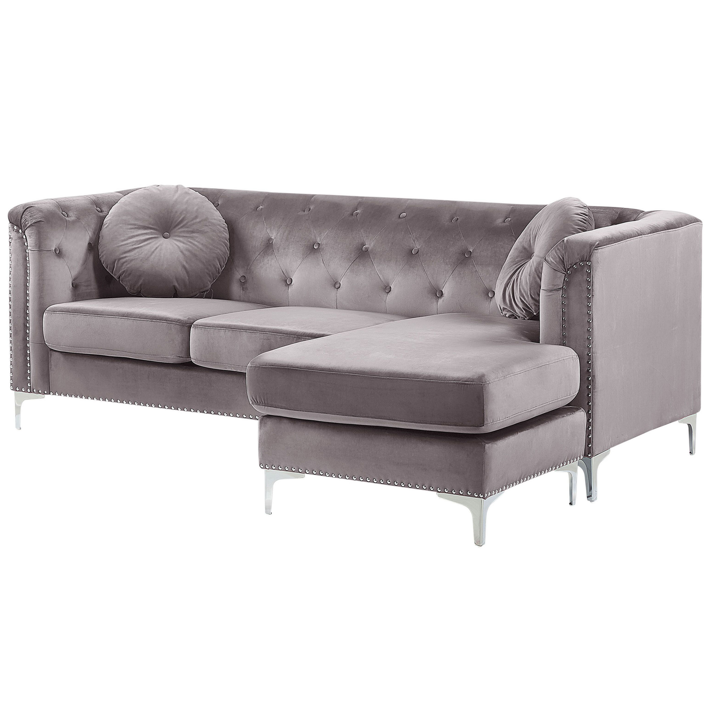 Ecksofa Samtstoff linksseitig grau Chesterfield-Design 3-Sitzer FLEN