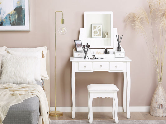 Schminktisch mit rechteckigem Spiegel Hocker 5 Schubladen weiss RAYON