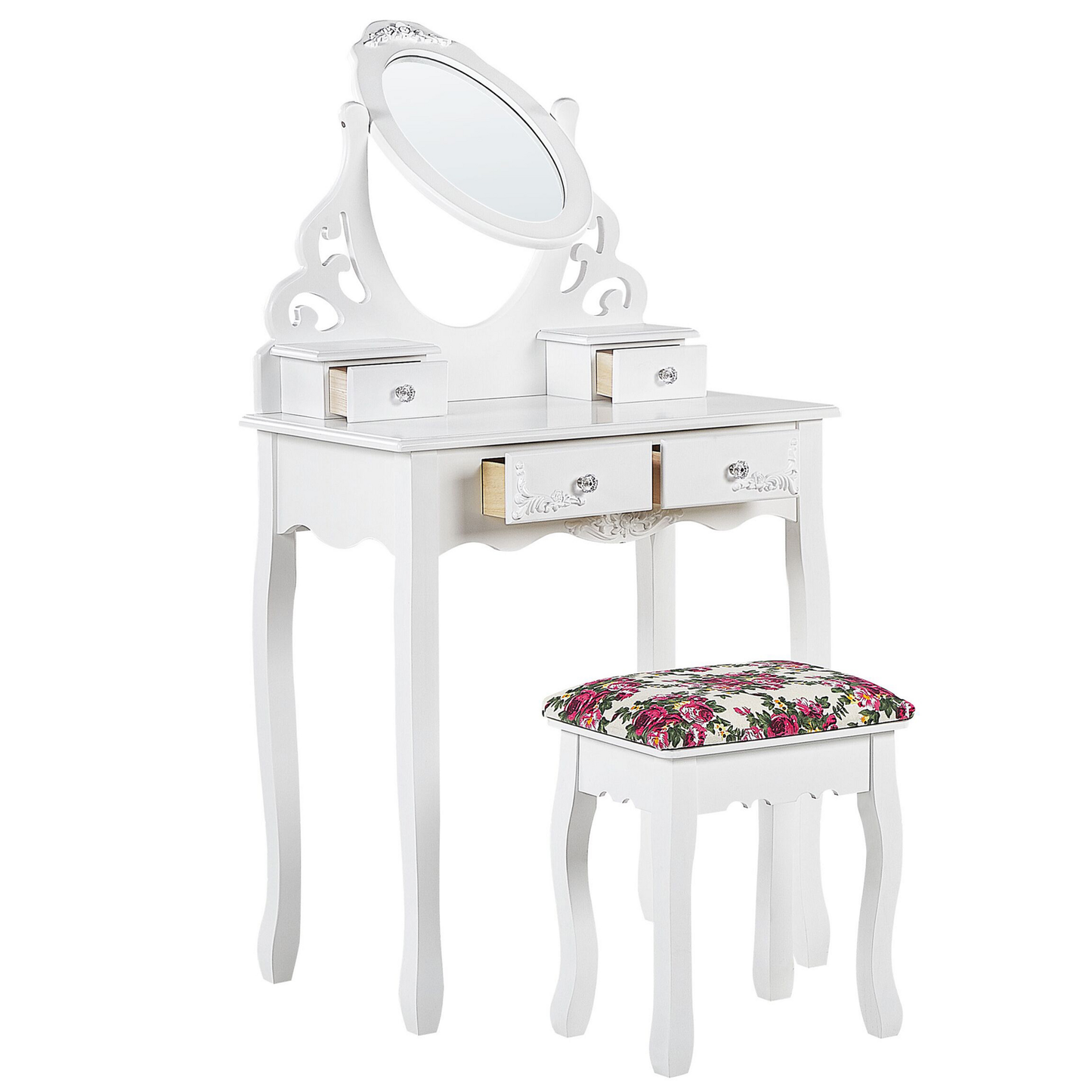 Schminktisch mit ovalem Spiegel Hocker 4 Schubladen weiss AMOUR