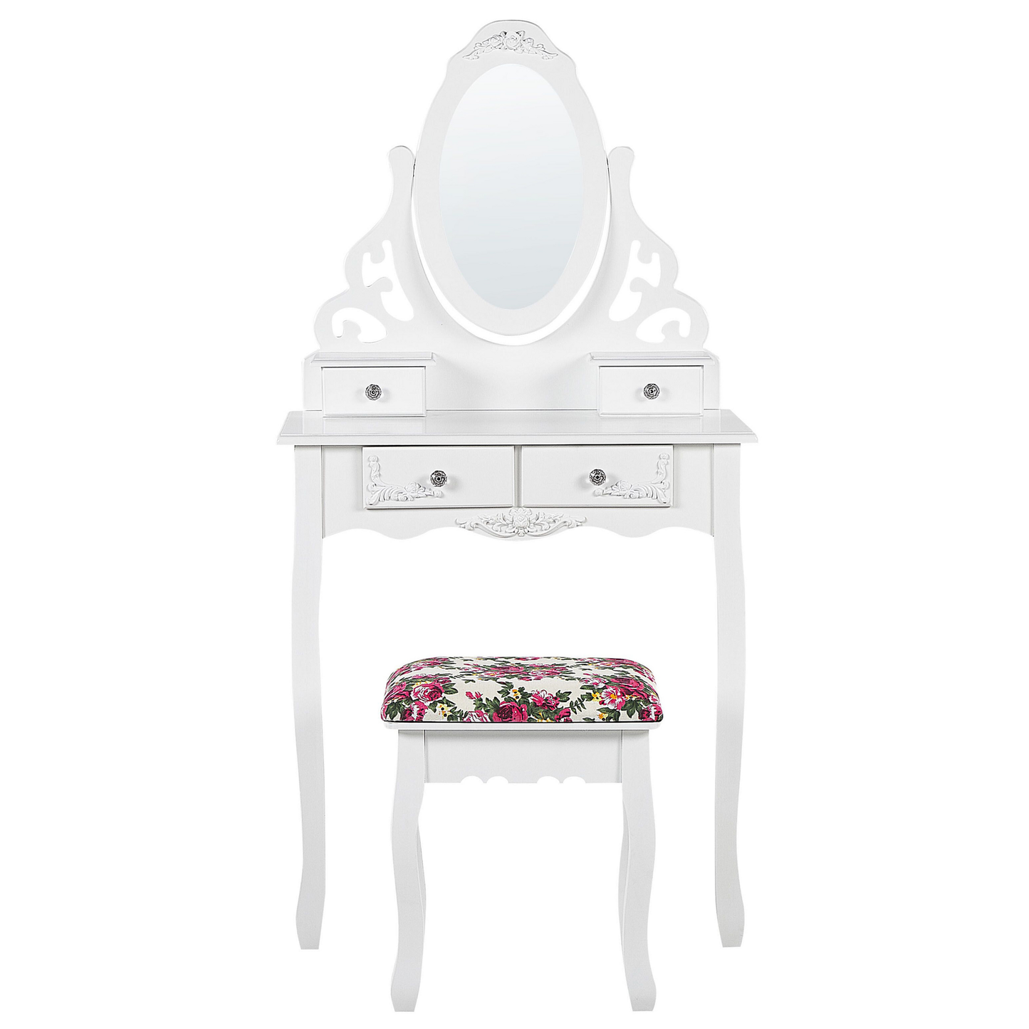 Schminktisch mit ovalem Spiegel Hocker 4 Schubladen weiss AMOUR