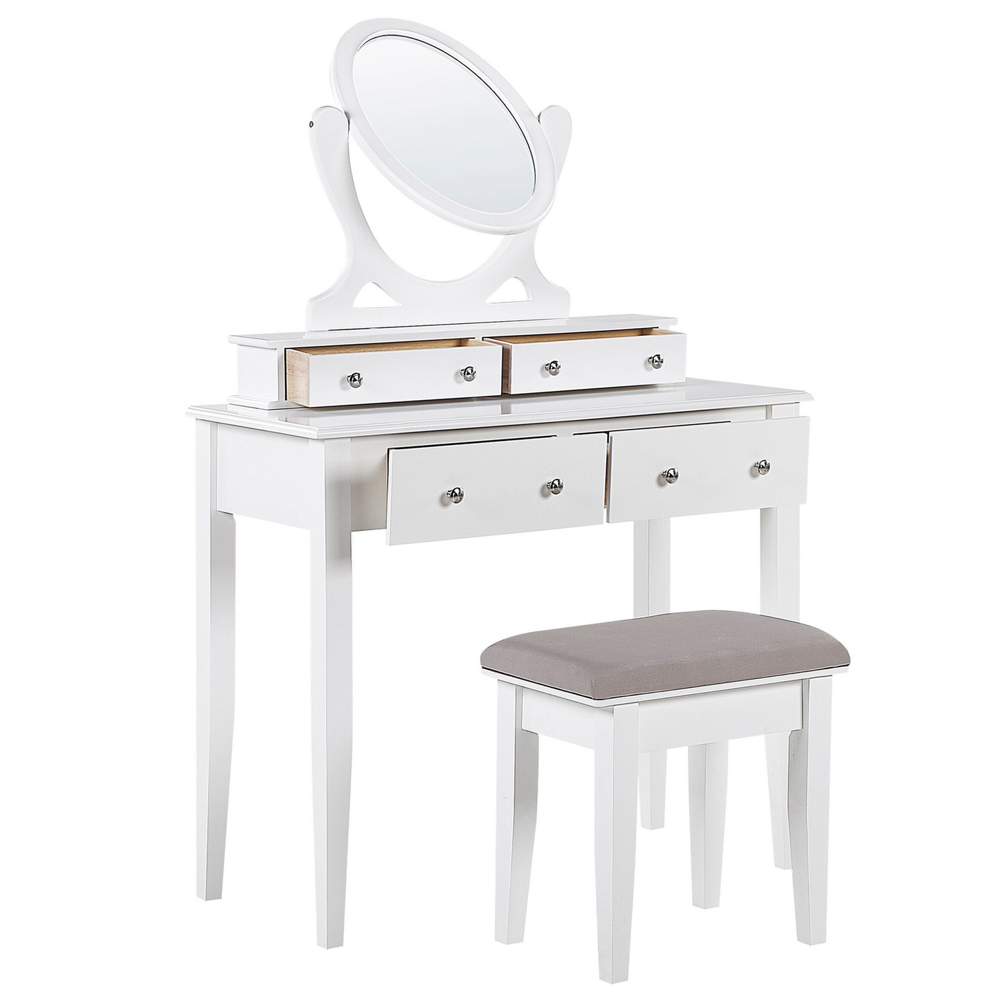 Schminktisch mit ovalem Spiegel Hocker 4 Schubladen weiss LUNE