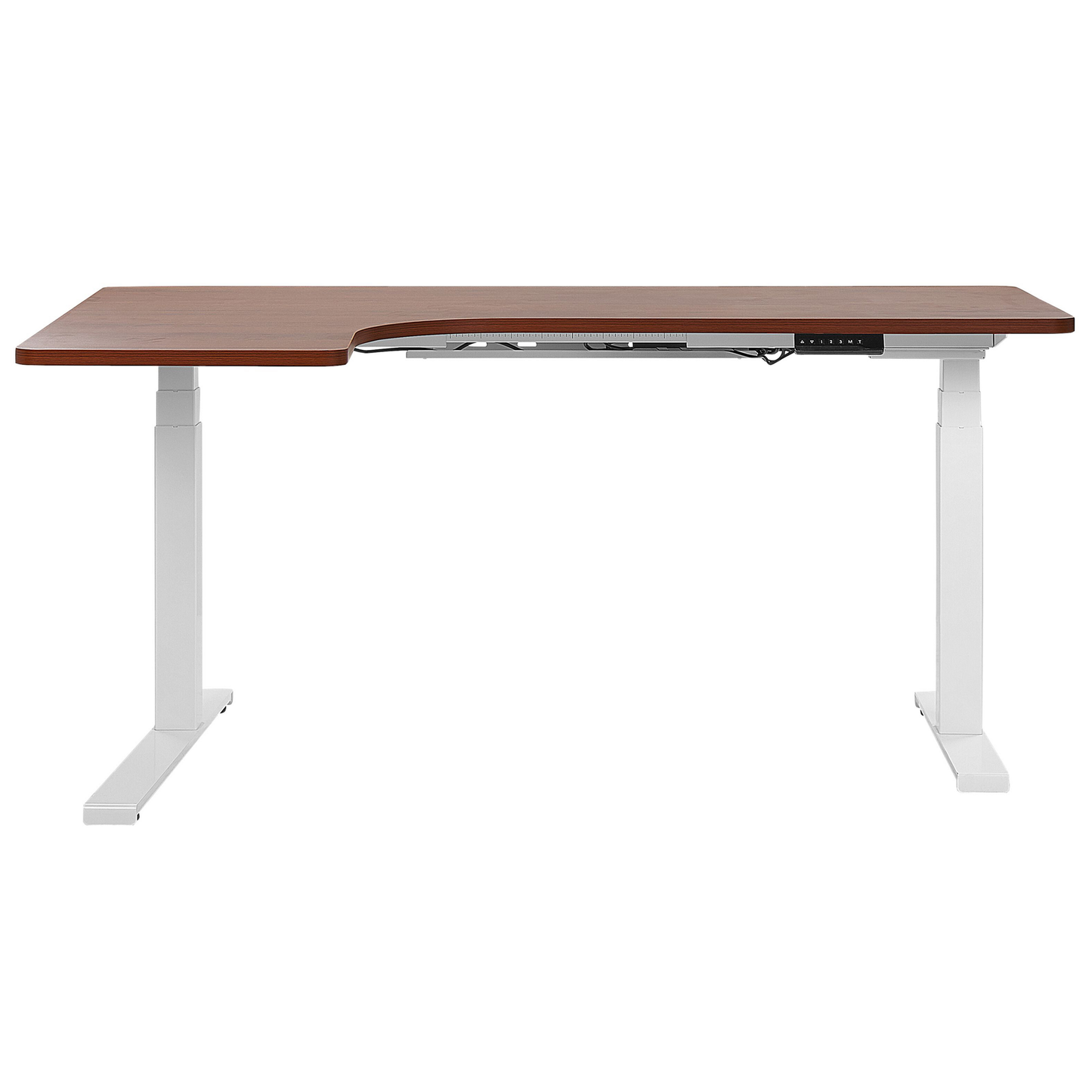 Verstellbarer Eckschreibtisch Elektrisch 160 x 110 cm Linksseitig Dunkler Holzfarbton DESTIN