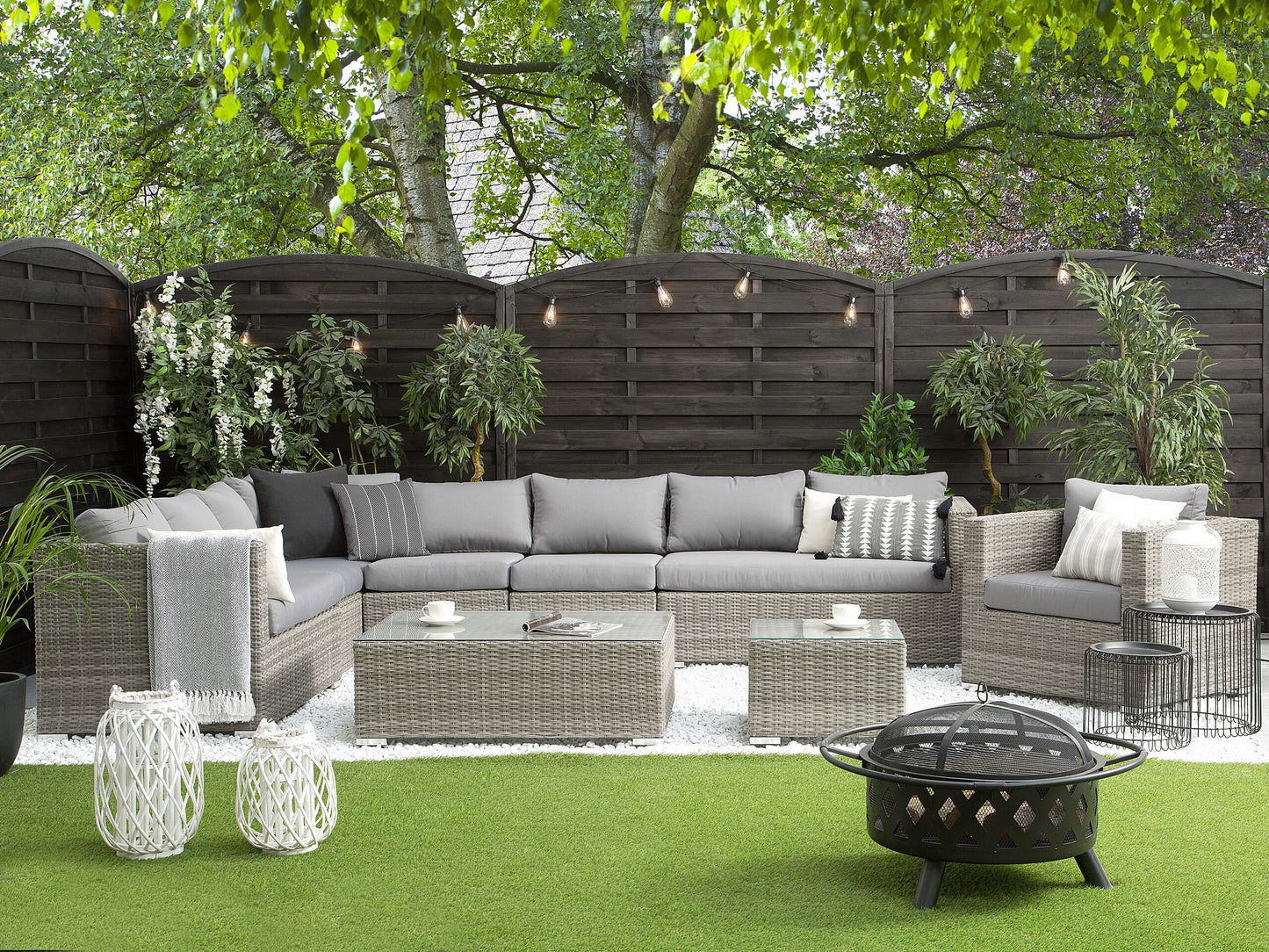 Lounge Set mit Tisch 8-Sitzer XXL rechtsseitig modular Polyrattan Grau