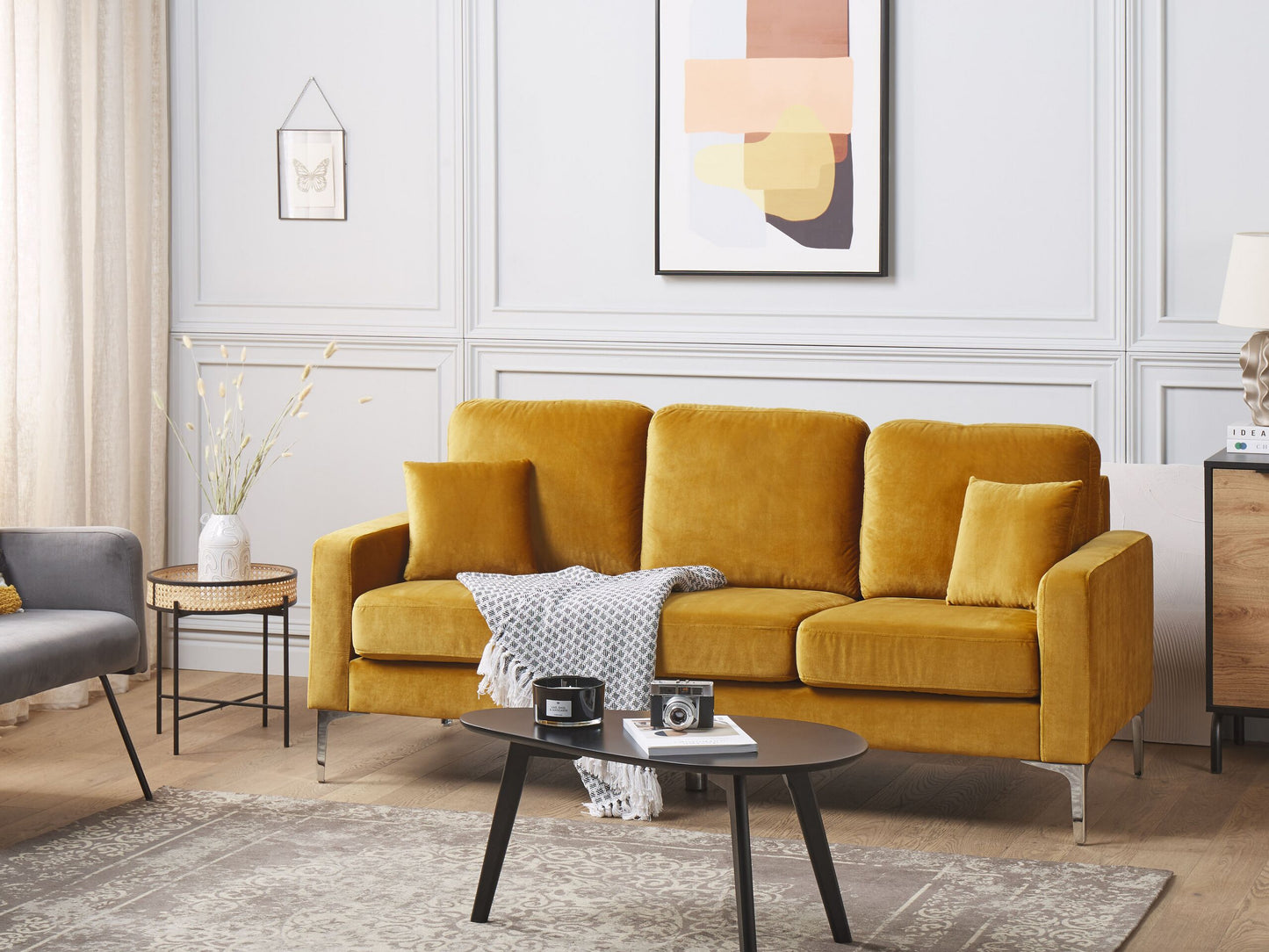 3-Sitzer Sofa Samtstoff senfgelb mit Kissen GAVLE