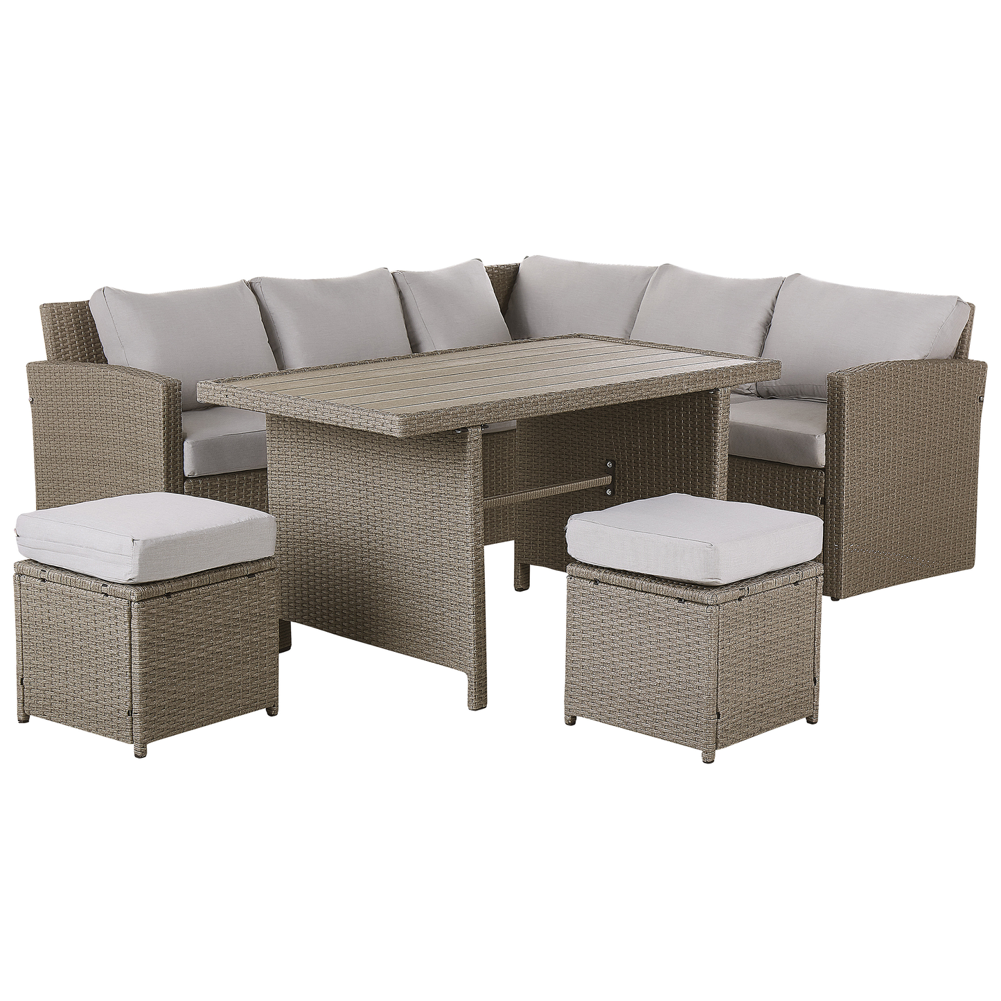 Lounge Set mit Tisch und Ottomane 5-Sitzer BARDI linksseitig inkl. Kissen Polyrattan Taupe
