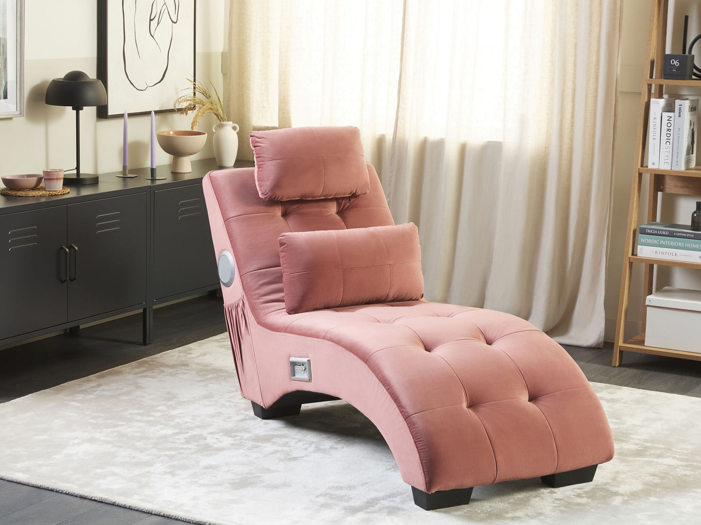 Chaiselongue Samtstoff mit Bluetooth Lautsprecher USB-Port rosa SIMORRE