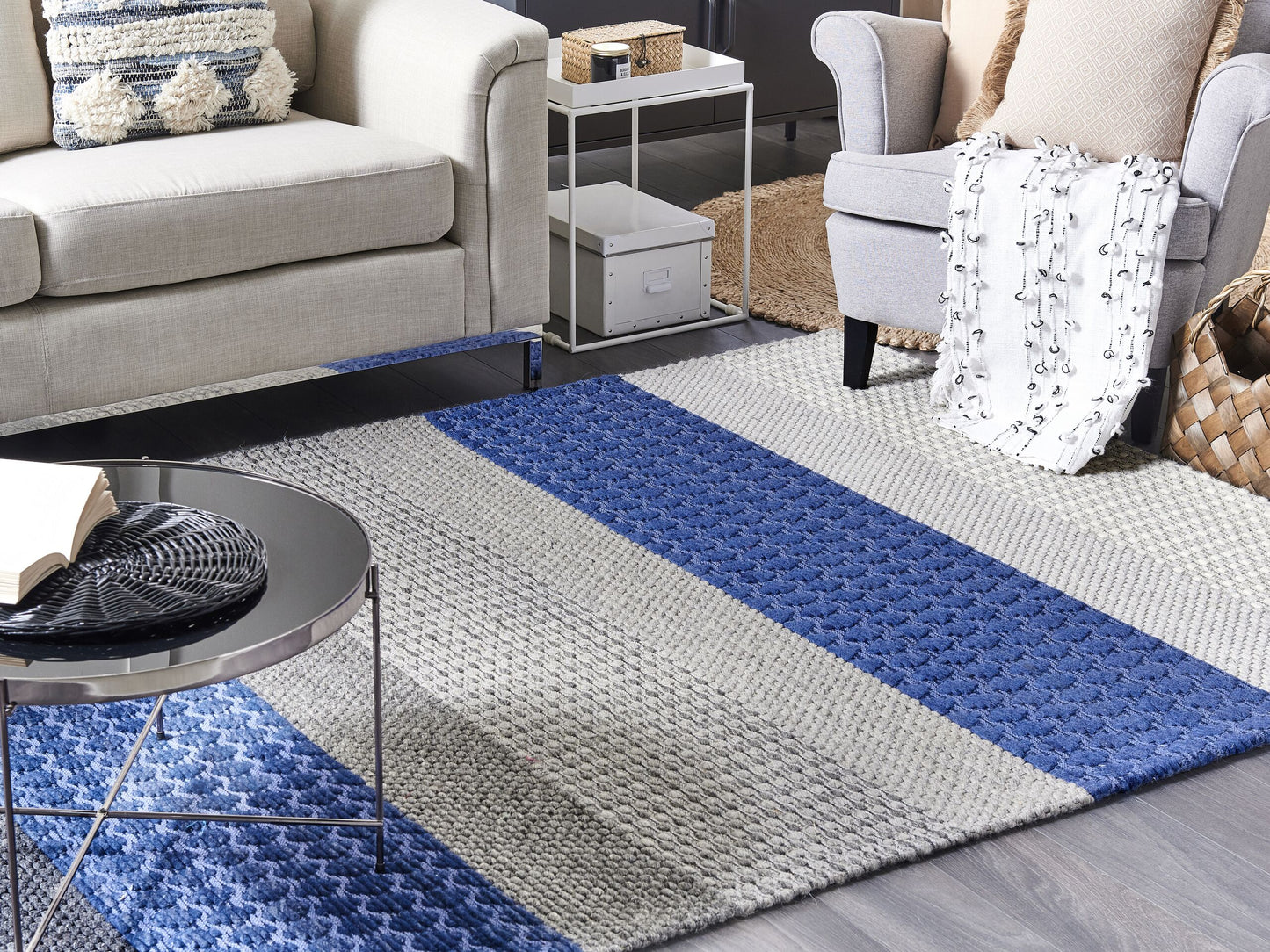 Teppich Wolle grau / blau 160 x 220 cm Streifenmuster Kurzflor AKKAYA