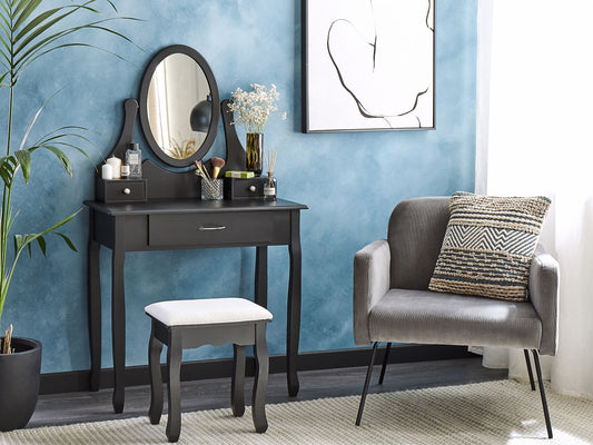 Schminktisch mit ovalem Spiegel Hocker 3 Schubladen schwarz ASTRE
