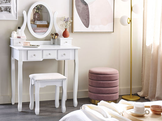 Schminktisch mit ovalem Spiegel Hocker 5 Schubladen weiss GALAXIE