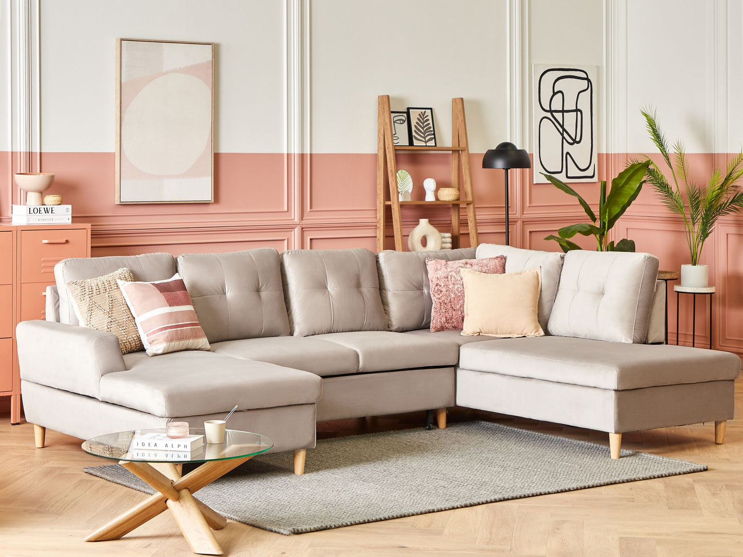 Schlafsofa U-förmig Samtstoff beige mit Stauraum LERUM
