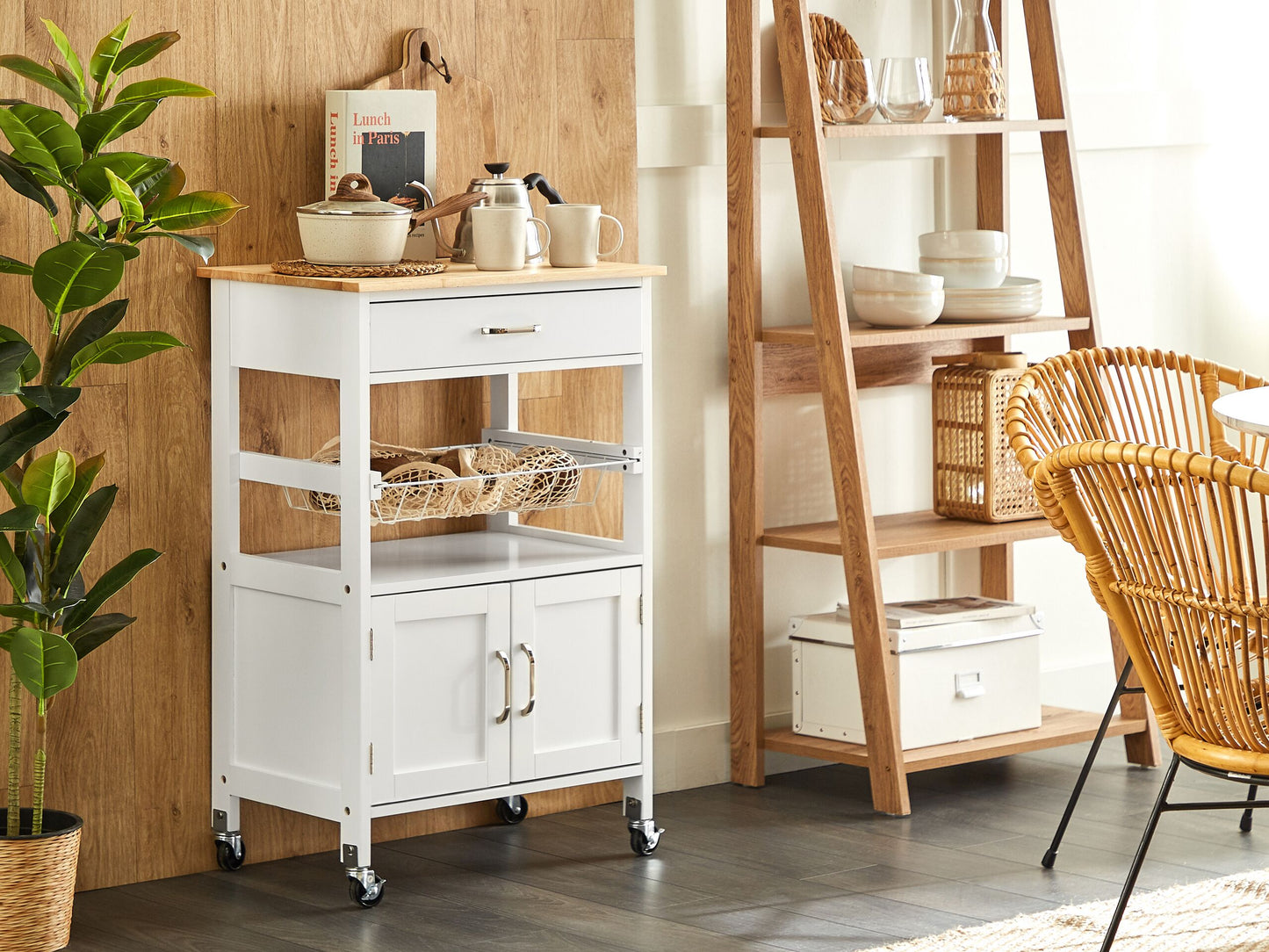 Servierwagen weiss / heller Holzfarbton mit Schublade LUGO