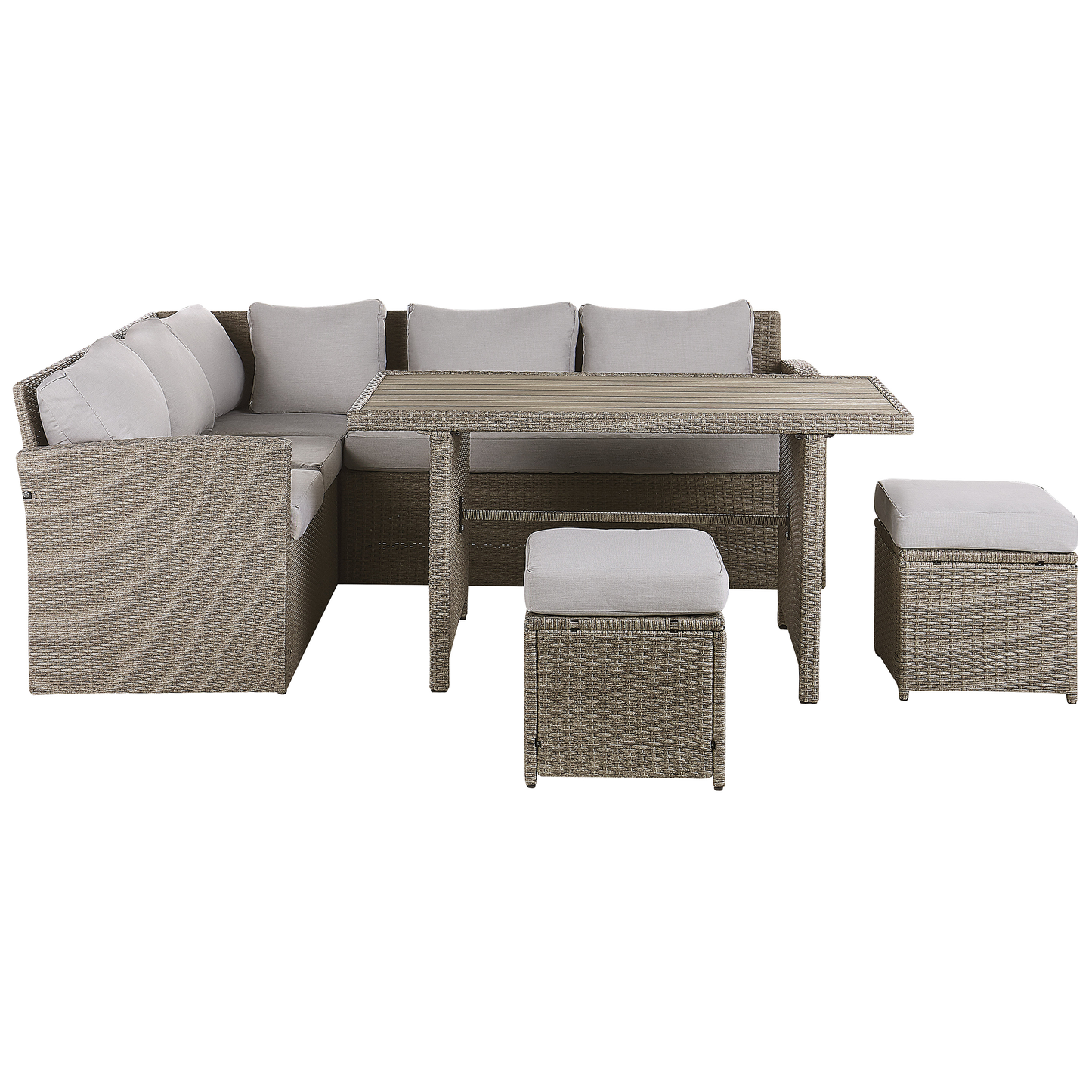 Lounge Set mit Tisch und Ottomane 5-Sitzer BARDI linksseitig inkl. Kissen Polyrattan Taupe