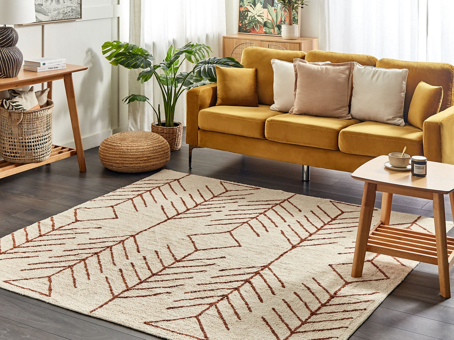 Teppich Baumwolle beige 200 x 200 cm geometrisches Muster Kurzflor AKOREN