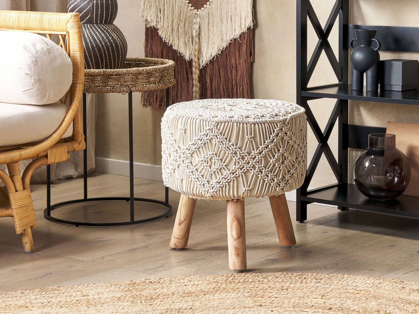 Hocker Baumwolle beige Makramee MANZAI