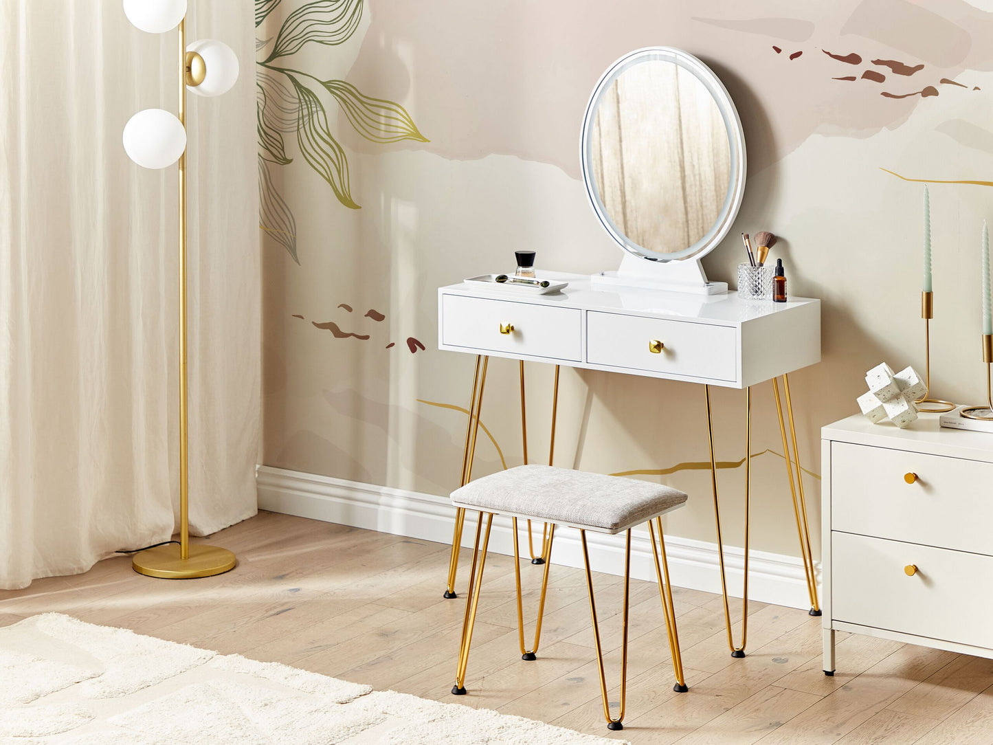 Schminktisch mit Spiegel und Hocker CAEN LED Weiss