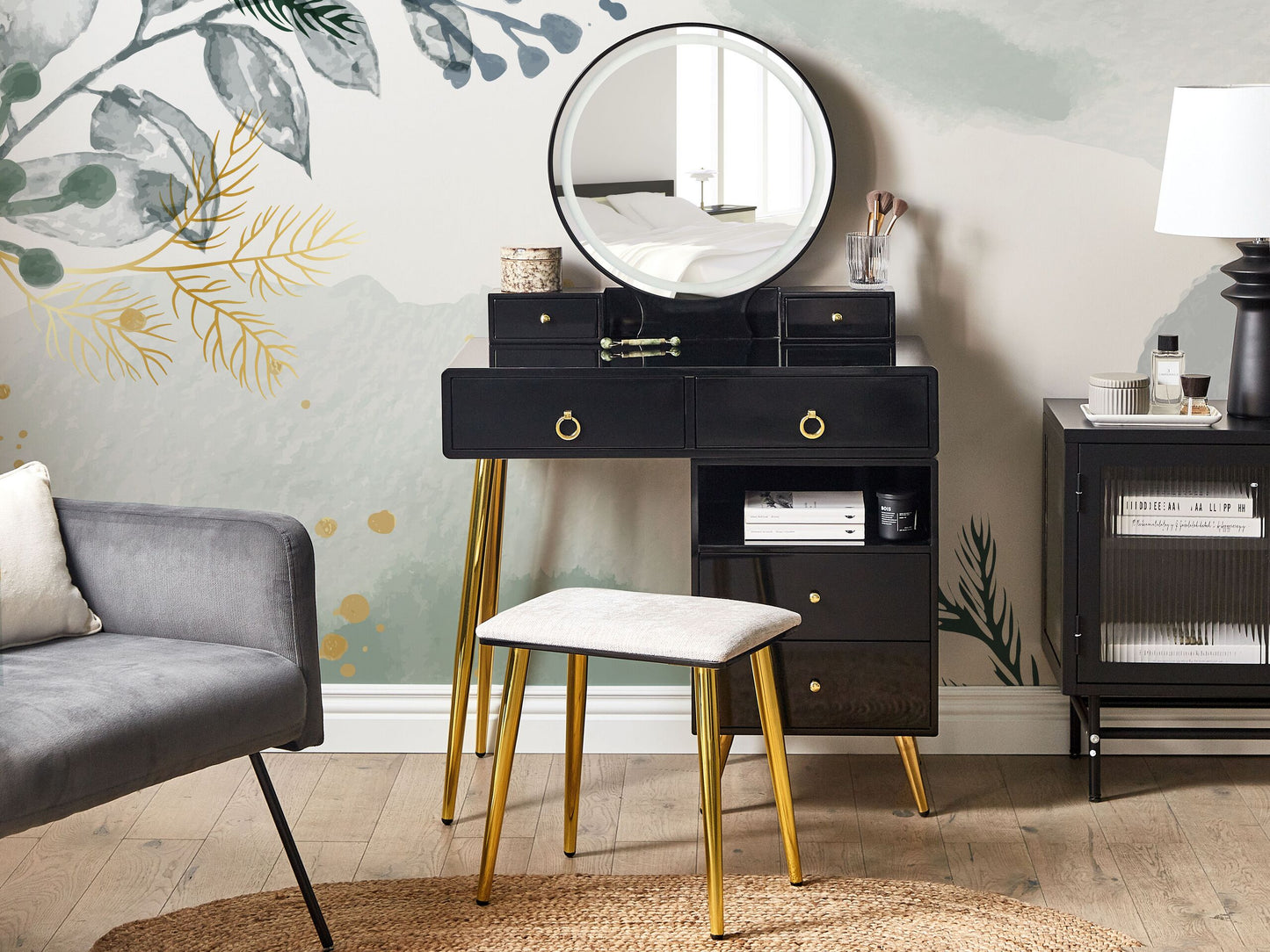 Schminktisch mit Spiegel und Hocker YVES LED Schwarz