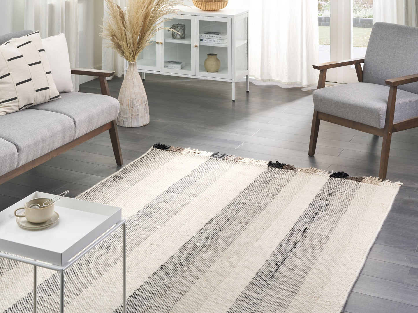 Teppich Wolle cremeweiss 160 x 230 cm Streifenmuster Kurzflor EMIRLER