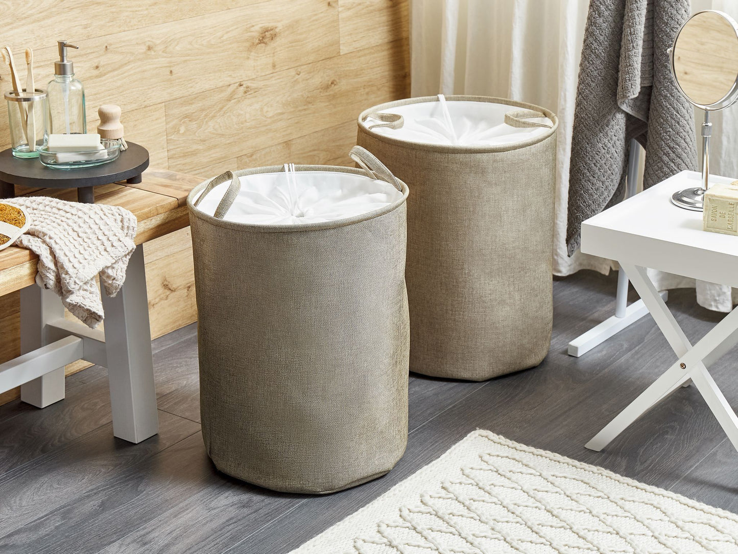Textilkorb mit Kordelzug beige 2er Set SAMTI